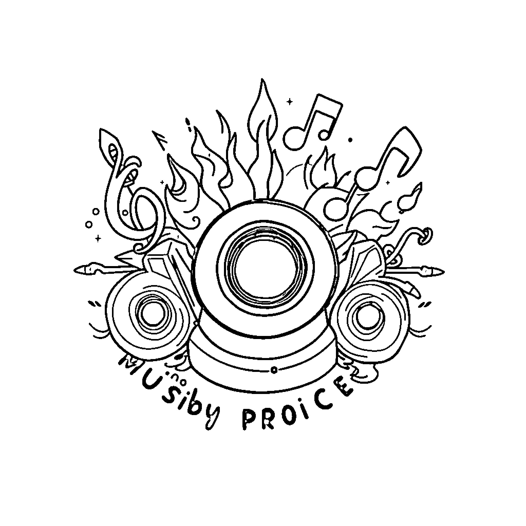 Logo featuring musical symbols and abstract elements Coloring Page (free black-and-white line drawing printable PDF for all, from beginners to advanced learners, including children, teens, adults, and seniors)