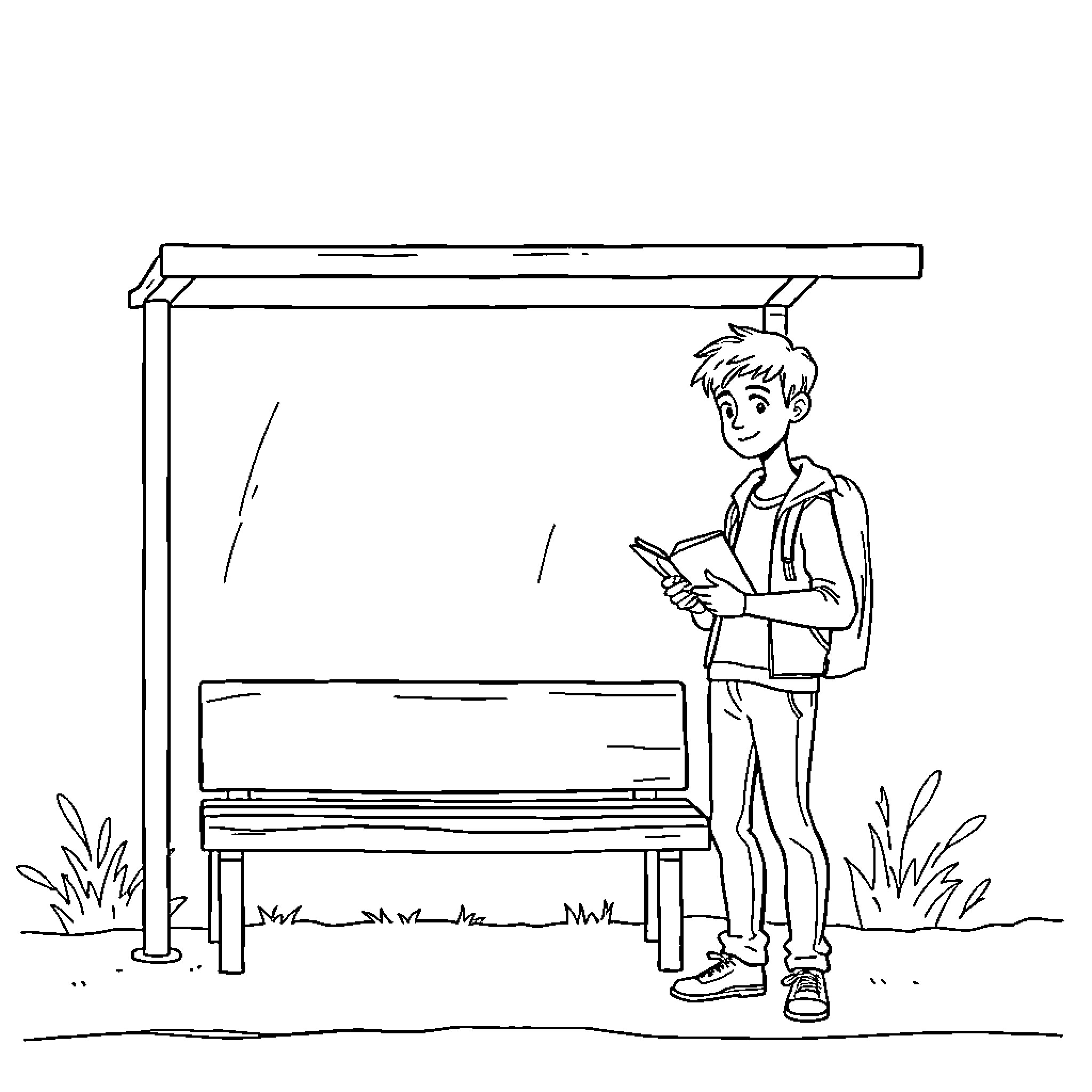 Guy reading book at park bench Coloring Page (free black-and-white line drawing printable PDF for all, from beginners to advanced learners, including children, teens, adults, and seniors)