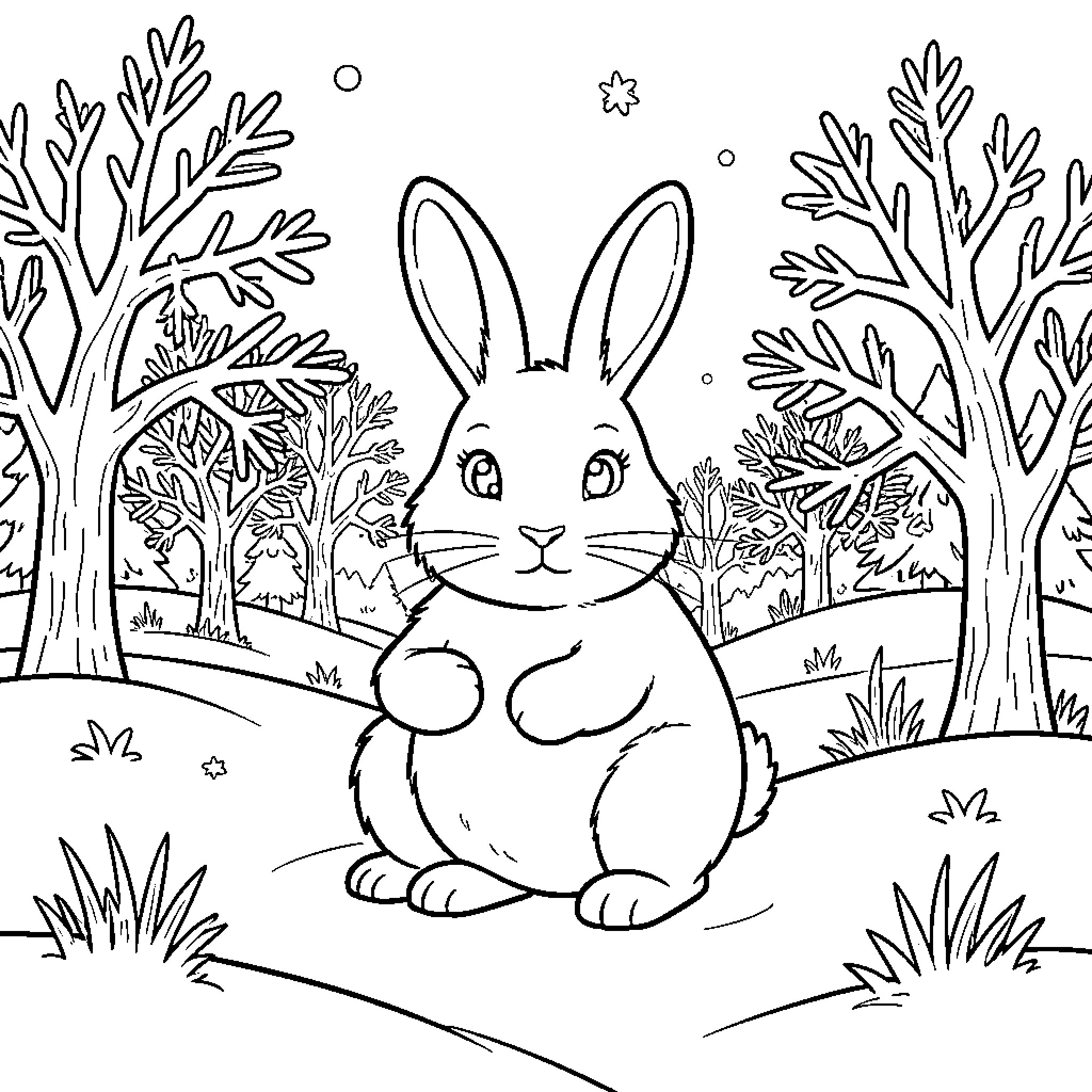 Bunny sitting in a forest scene Coloring Page (free black-and-white line drawing printable PDF for all, from beginners to advanced learners, including children, teens, adults, and seniors)