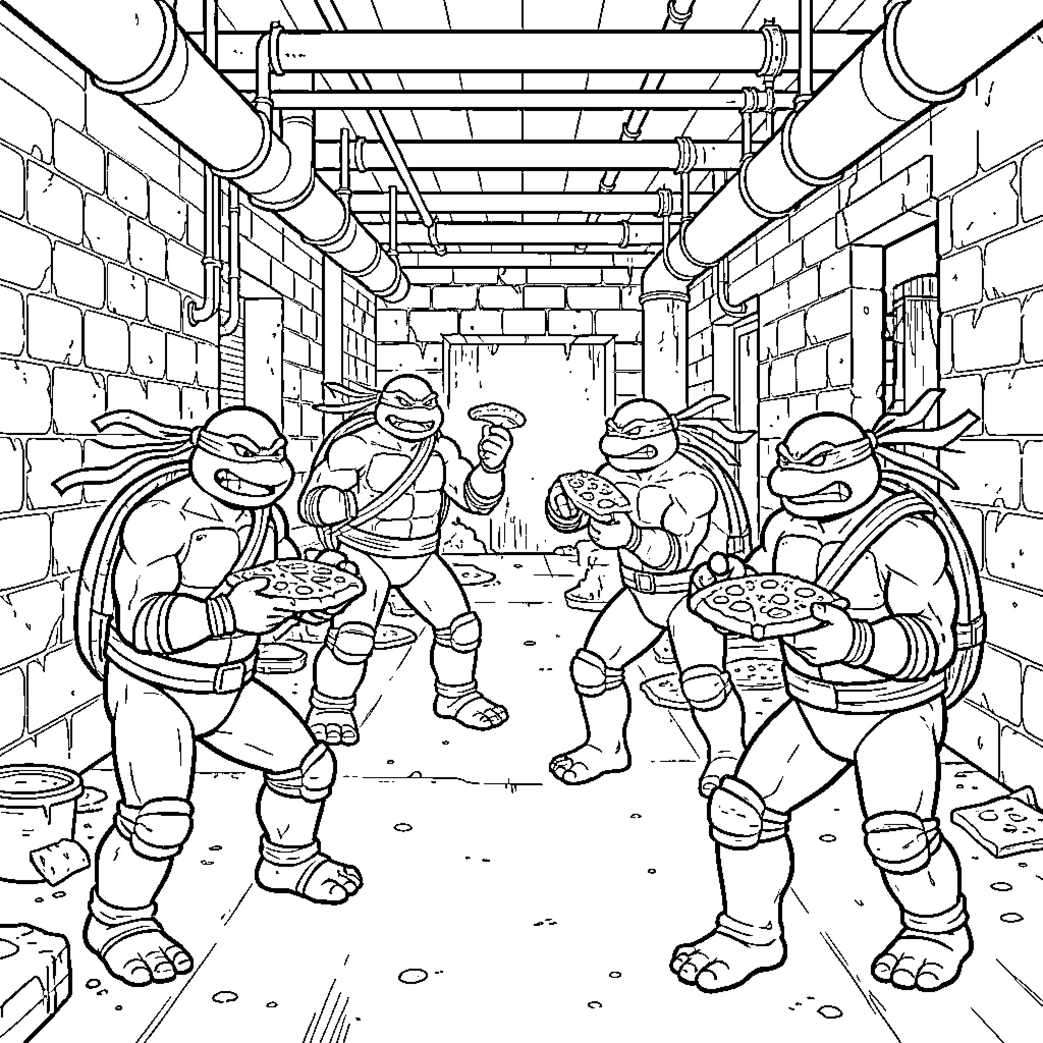 Ninja Turtle characters enjoying pizza in a sewer Coloring Page (free black-and-white line drawing printable PDF for all, from beginners to advanced learners, including children, teens, adults, and seniors)