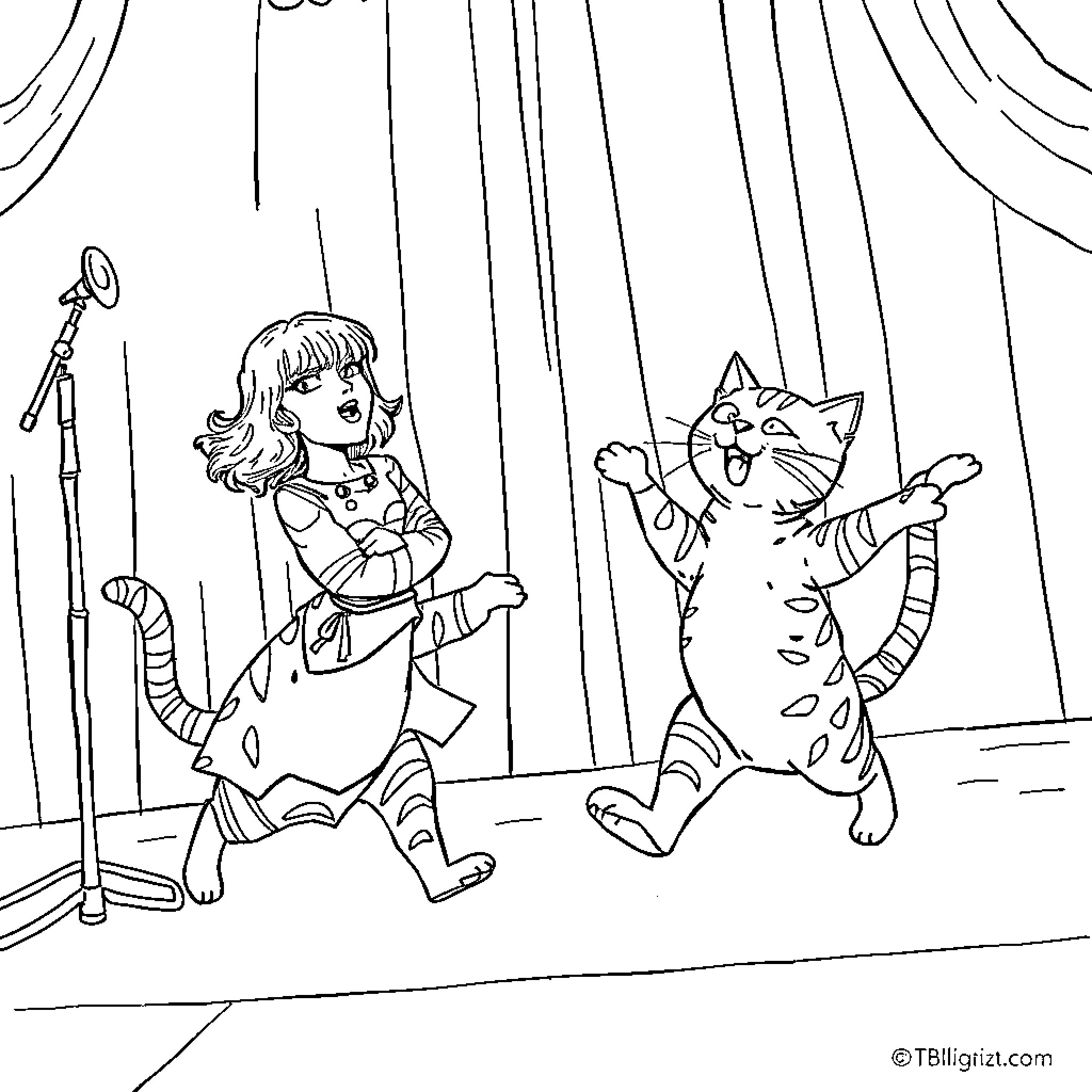 Cat Performing on Stage with Girl Singer Coloring Page (free black-and-white line drawing printable PDF for all, from beginners to advanced learners, including children, teens, adults, and seniors)