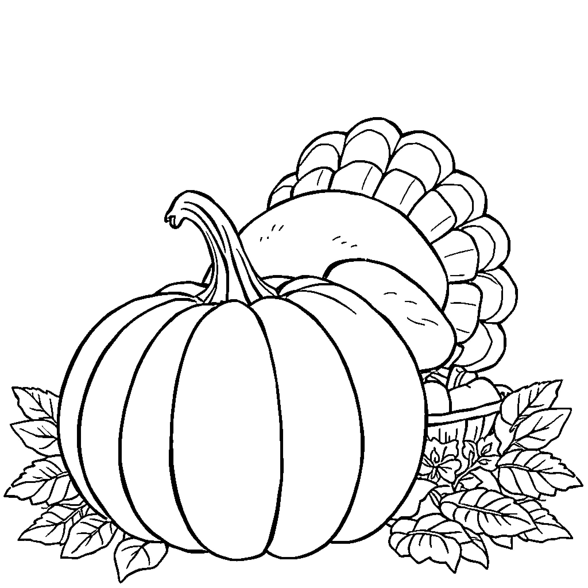 Pumpkin in a Thanksgiving scene Coloring Page (free black-and-white line drawing printable PDF for all, from beginners to advanced learners, including children, teens, adults, and seniors)