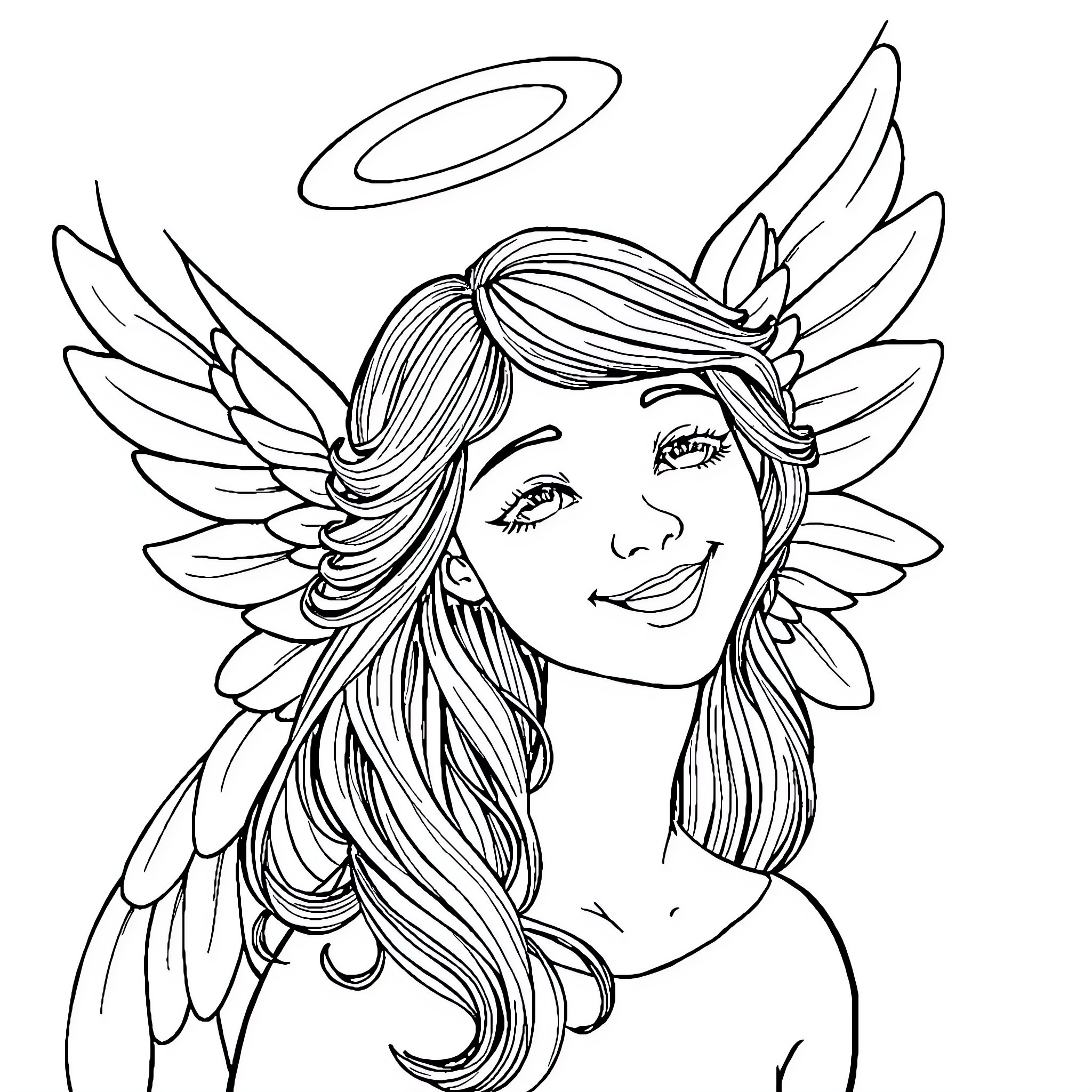 Angel with Flowing Hair and Angelic Wings Coloring Page (free black-and-white line drawing printable PDF for all, from beginners to advanced learners, including children, teens, adults, and seniors)