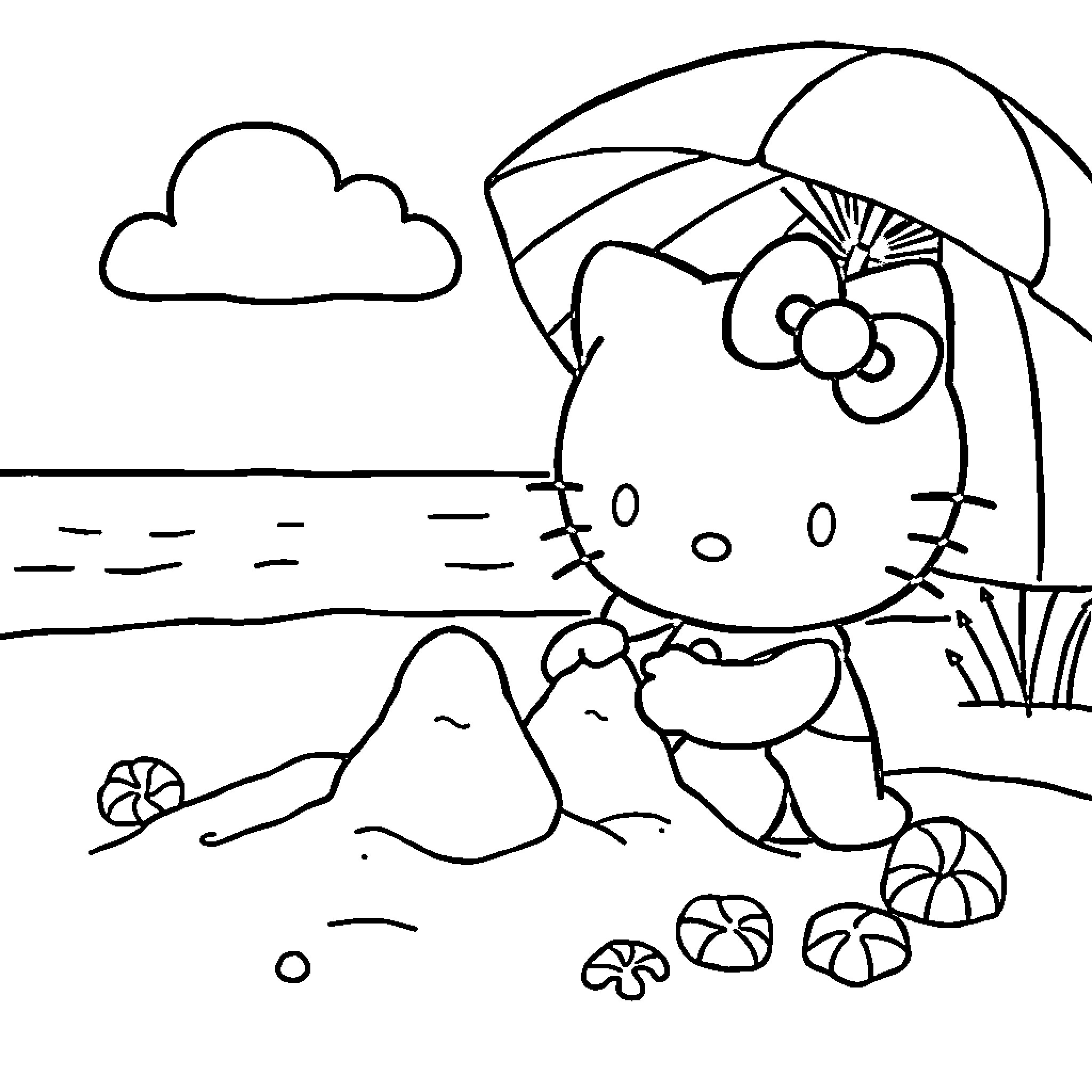 Hello Kitty relaxing on the beach Coloring Page (free black-and-white line drawing printable PDF for all, from beginners to advanced learners, including children, teens, adults, and seniors)