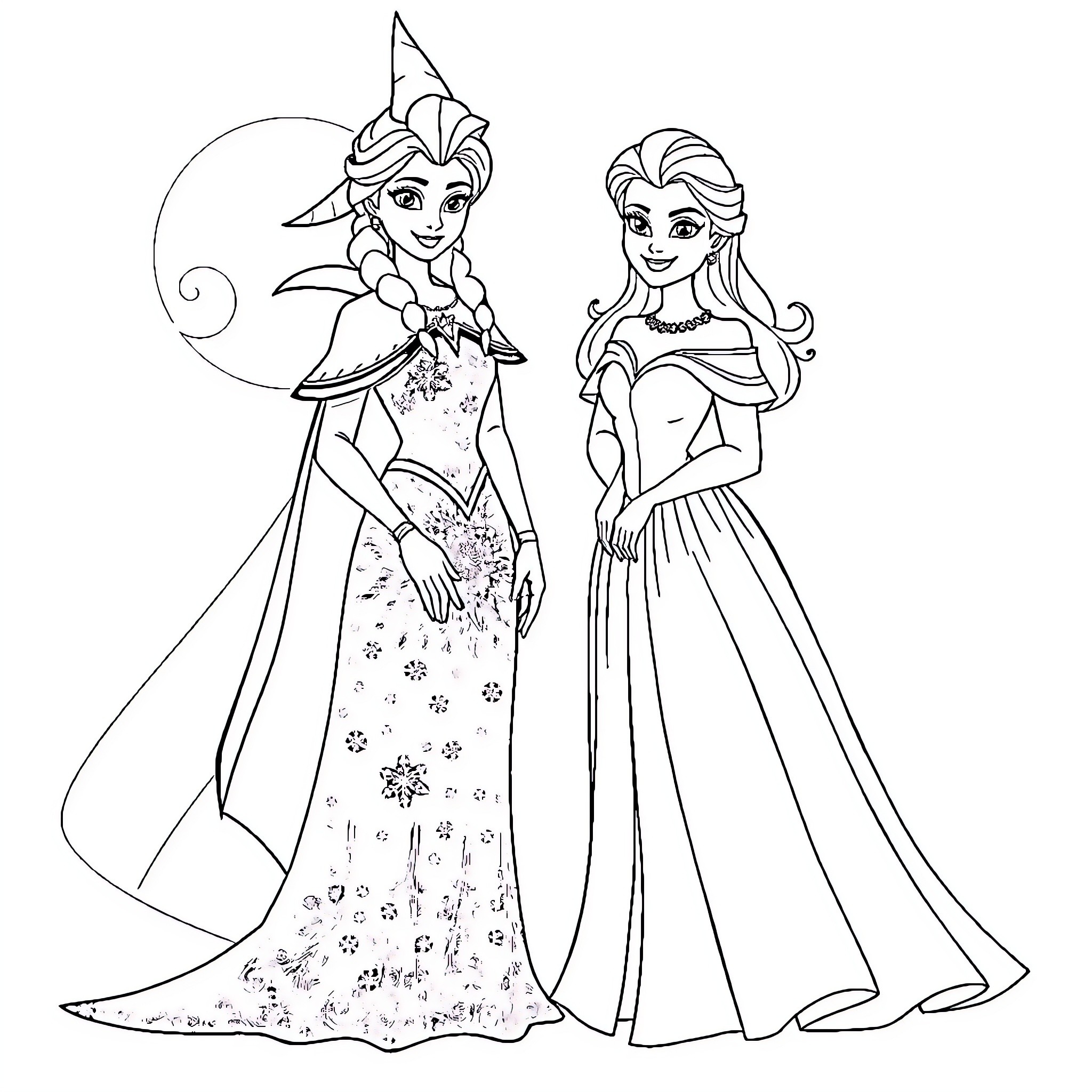 Elsa and Anna in elegant gowns Coloring Page (free black-and-white line drawing printable PDF for all, from beginners to advanced learners, including children, teens, adults, and seniors)