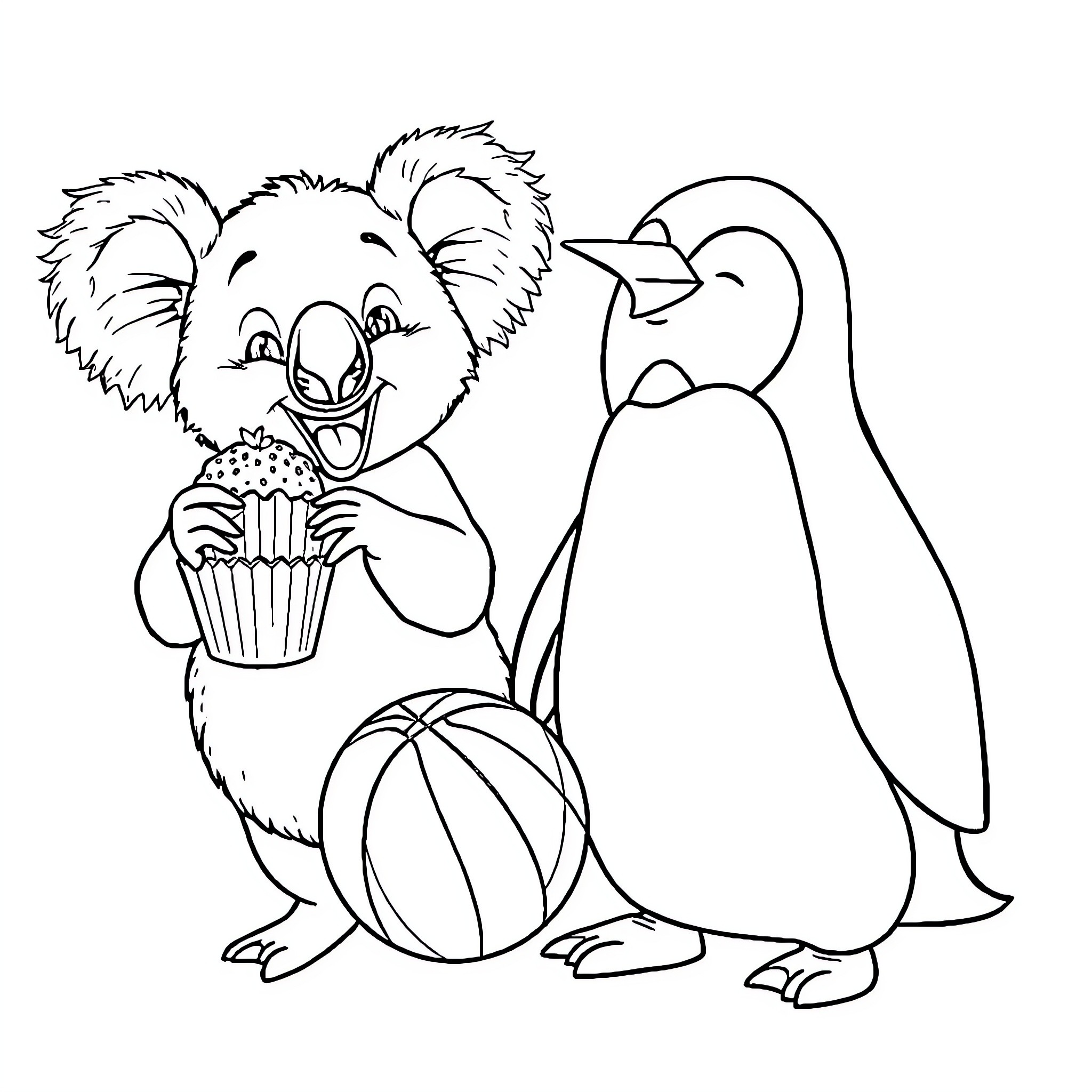 Koala playing with penguin and beach ball Coloring Page (free black-and-white line drawing printable PDF for all, from beginners to advanced learners, including children, teens, adults, and seniors)