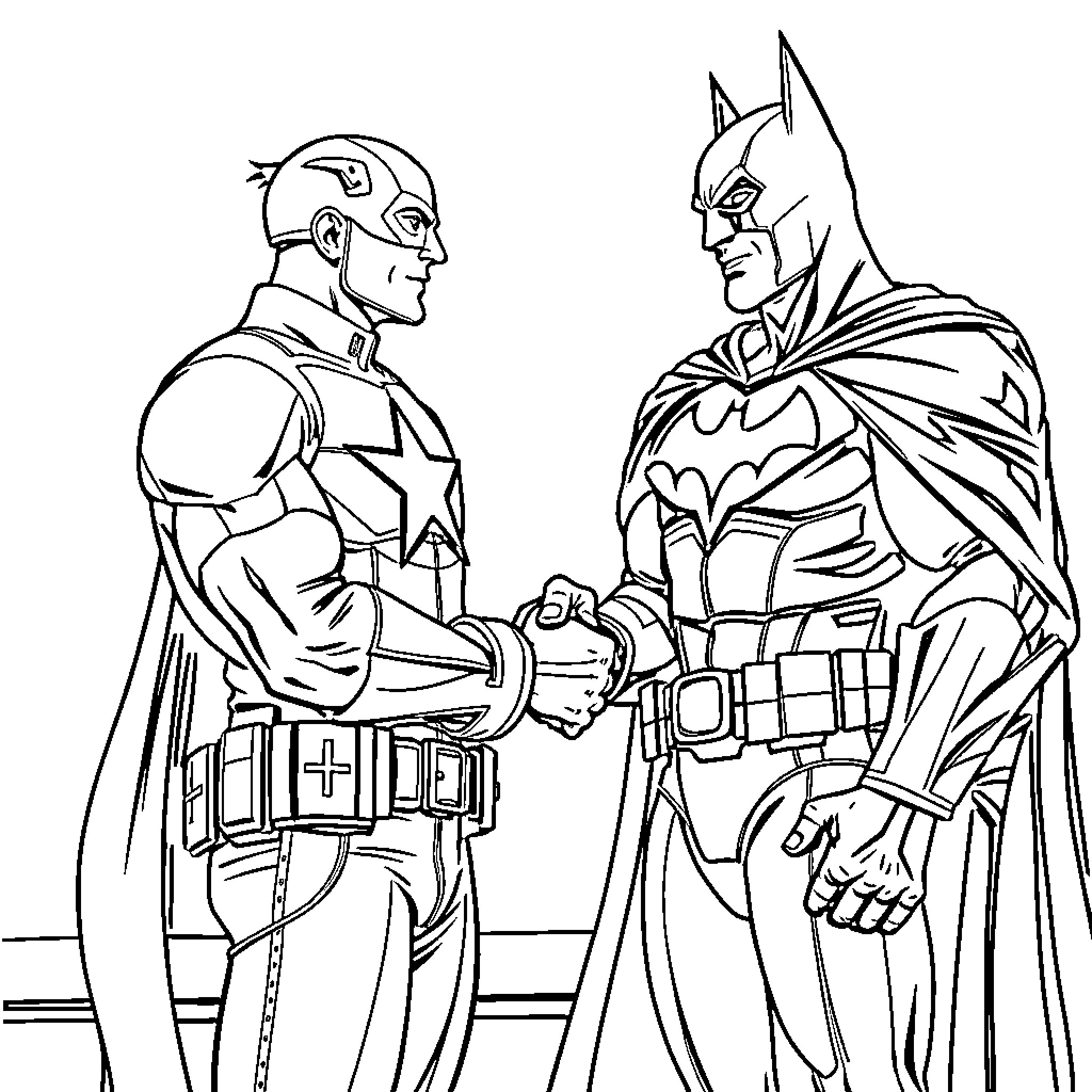 Captain America and Batman in a Heroic Handshake Coloring Page (free black-and-white line drawing printable PDF for all, from beginners to advanced learners, including children, teens, adults, and seniors)