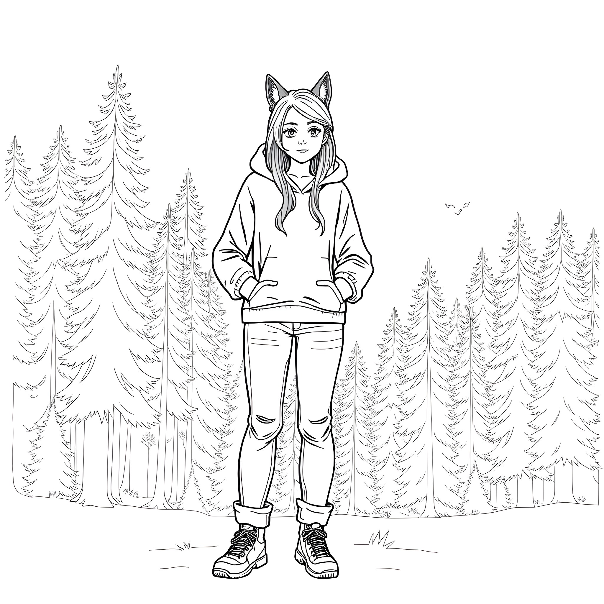 Girl in a Cozy Woodland Setting Coloring Page (free black-and-white line drawing printable PDF for all, from beginners to advanced learners, including children, teens, adults, and seniors)