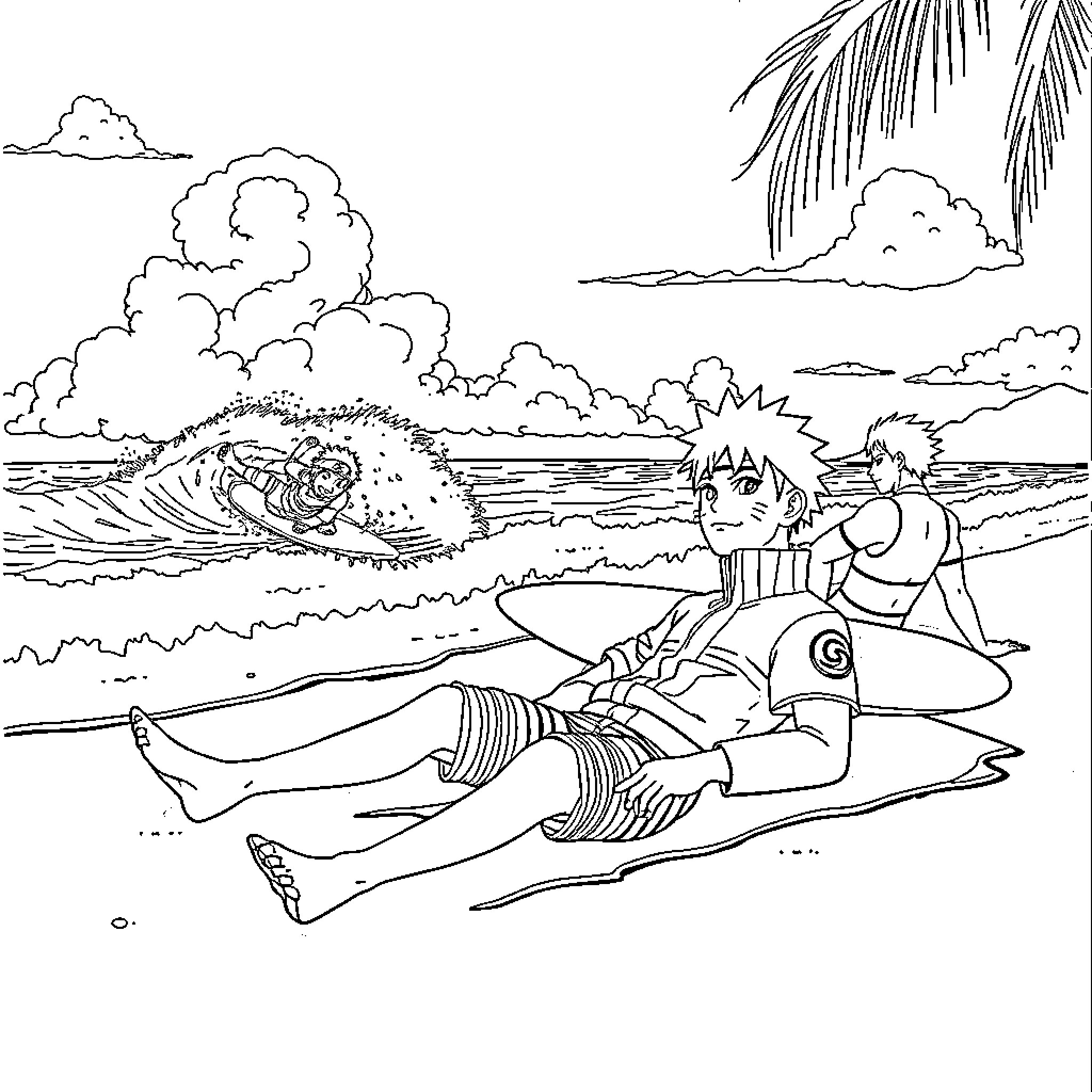Naruto enjoying a day at the beach with friends Coloring Page (free black-and-white line drawing printable PDF for all, from beginners to advanced learners, including children, teens, adults, and seniors)