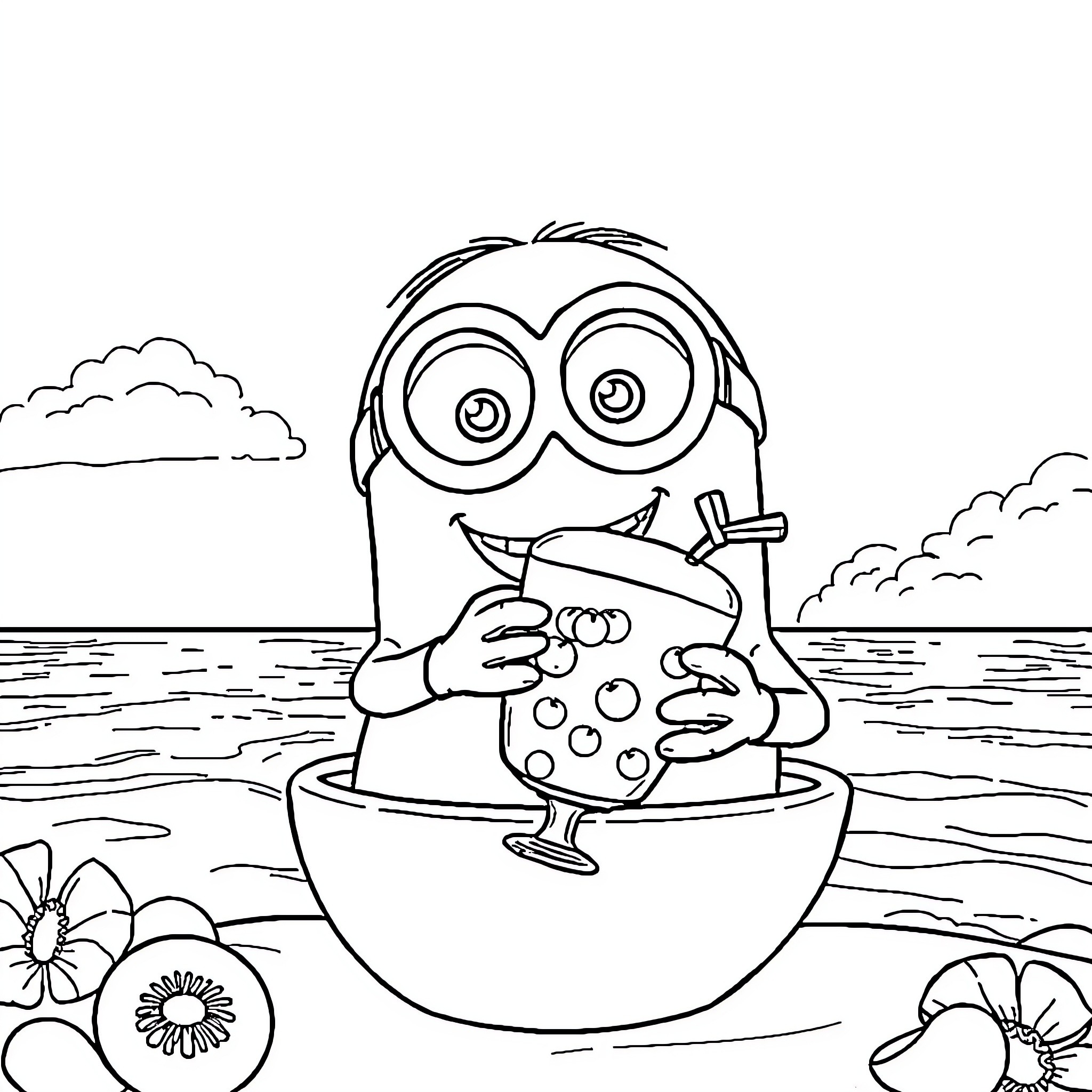 Minion enjoying a relaxing day at the beach Coloring Page (free black-and-white line drawing printable PDF for all, from beginners to advanced learners, including children, teens, adults, and seniors)