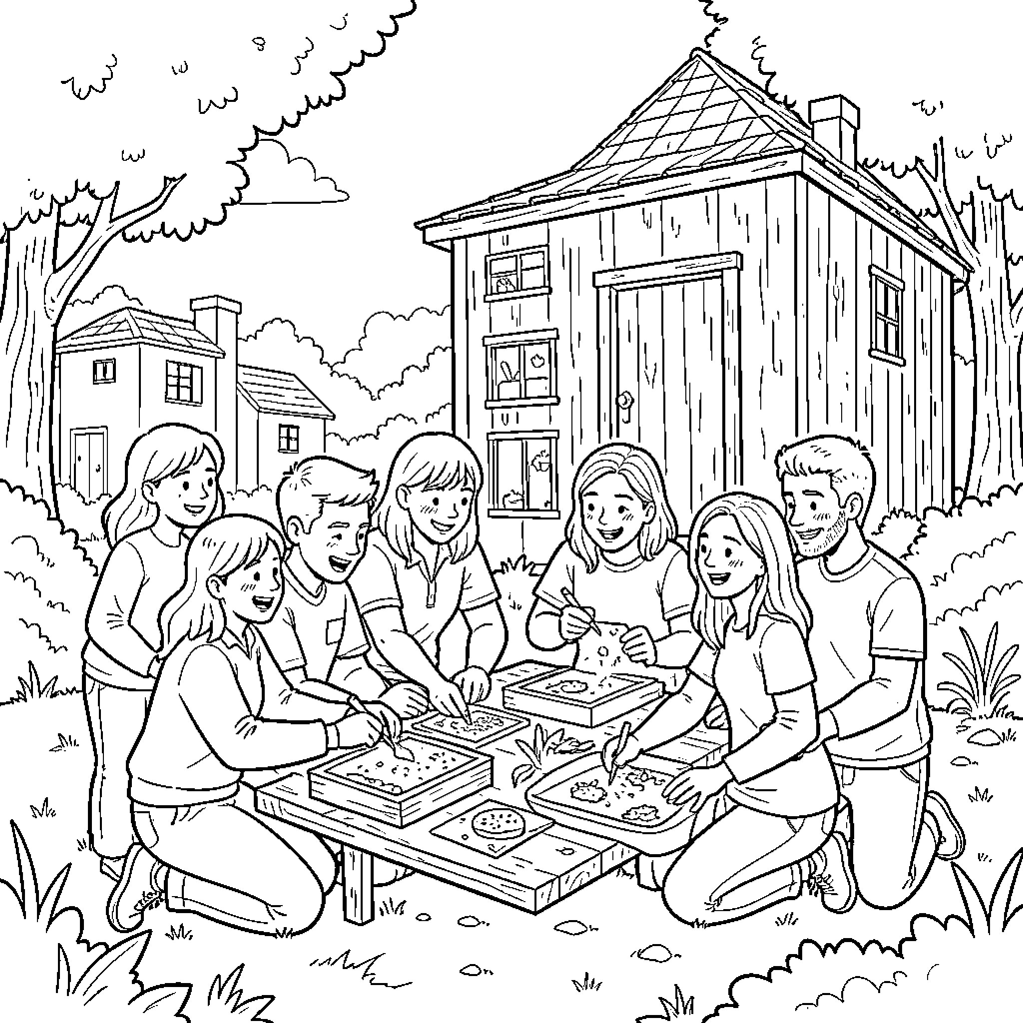 Safe Space for Family Gathering in Outdoor Setting Coloring Page (free black-and-white line drawing printable PDF for all, from beginners to advanced learners, including children, teens, adults, and seniors)