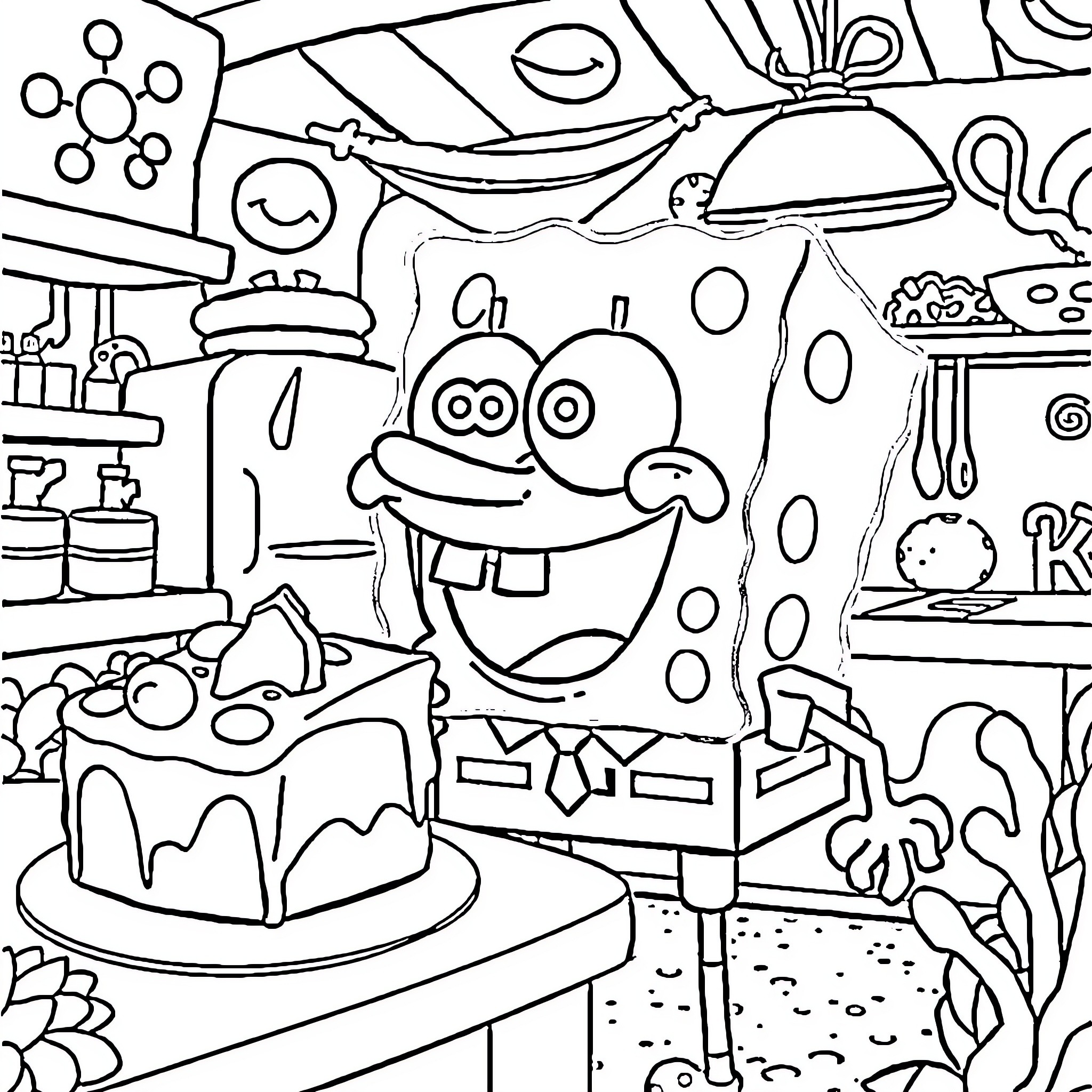 Spongebob's Underwater Kitchen Antics Coloring Page (free black-and-white line drawing printable PDF for all, from beginners to advanced learners, including children, teens, adults, and seniors)