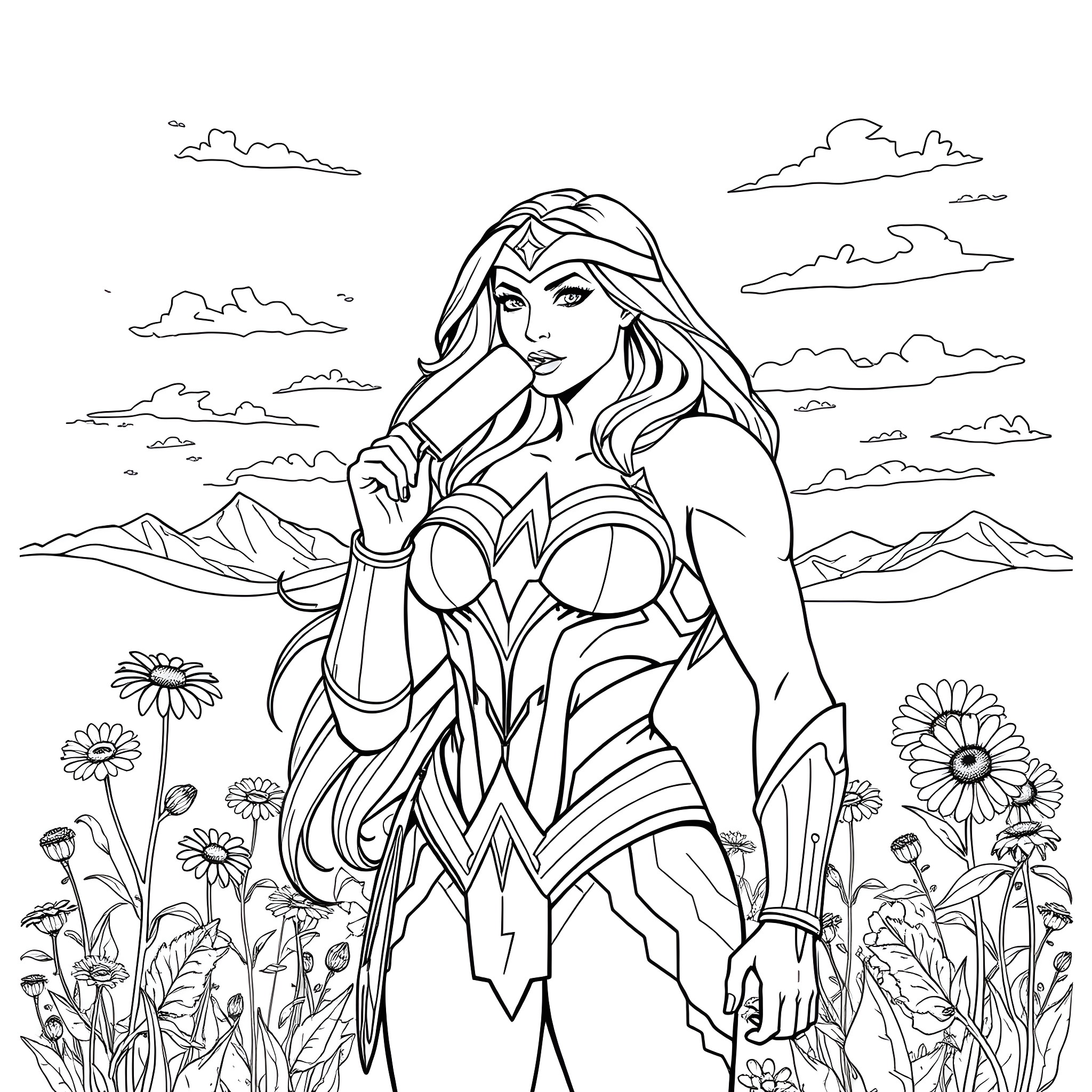 Wonder Woman Poses Heroically in a Serene Landscape Coloring Page (free black-and-white line drawing printable PDF for all, from beginners to advanced learners, including children, teens, adults, and seniors)
