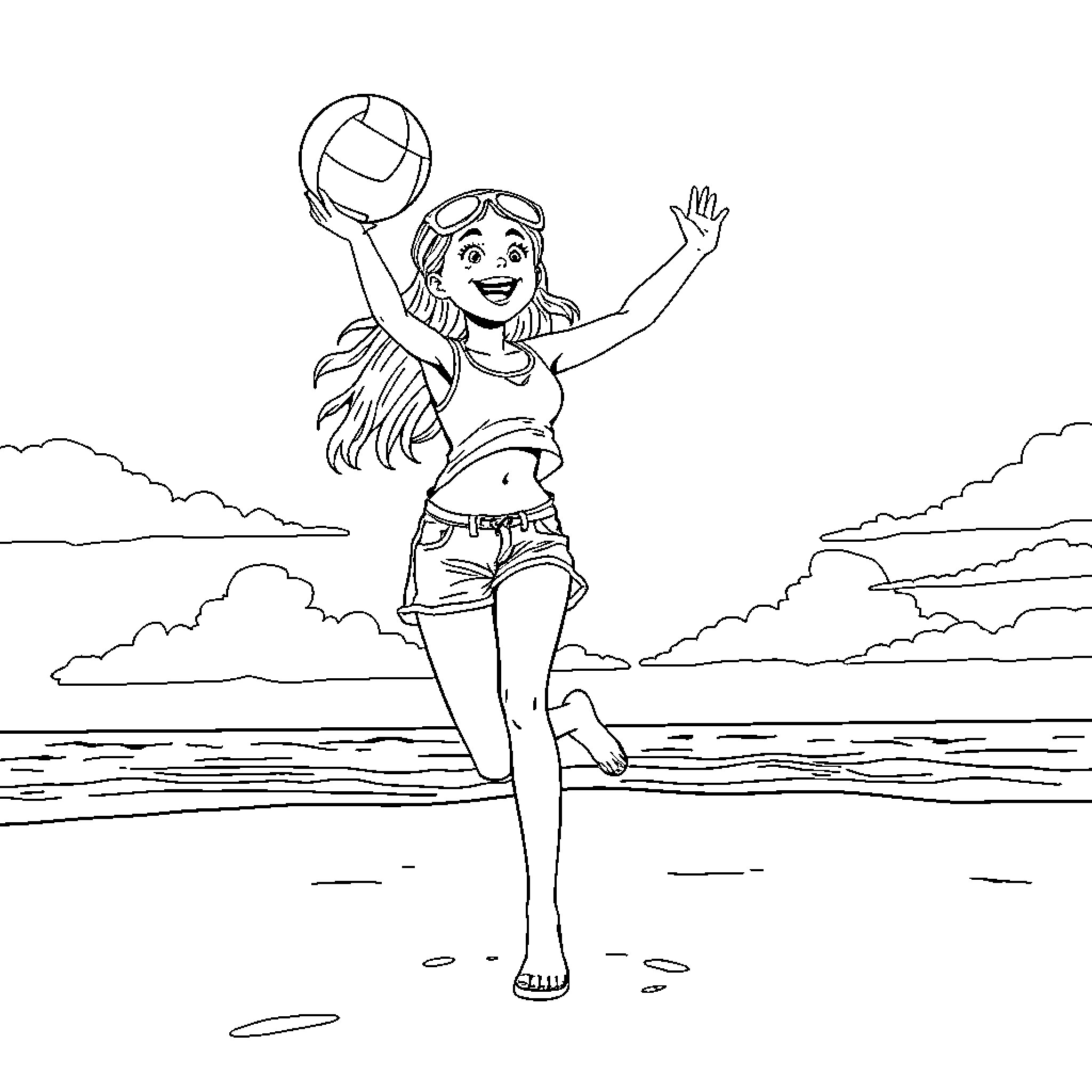 Girl playing volleyball at the beach Coloring Page (free black-and-white line drawing printable PDF for all, from beginners to advanced learners, including children, teens, adults, and seniors)