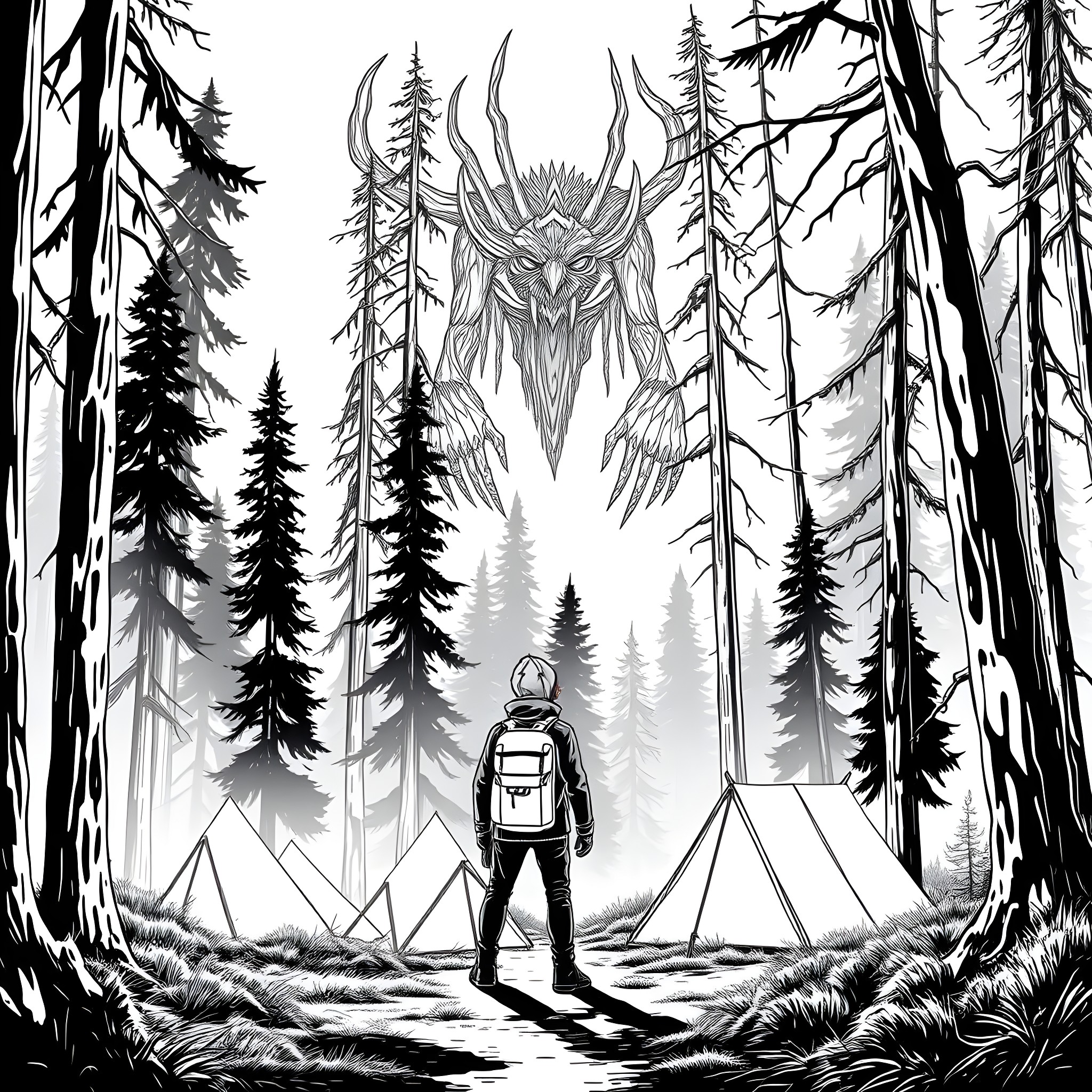 Camper exploring the mysterious forest Coloring Page (free black-and-white line drawing printable PDF for all, from beginners to advanced learners, including children, teens, adults, and seniors)