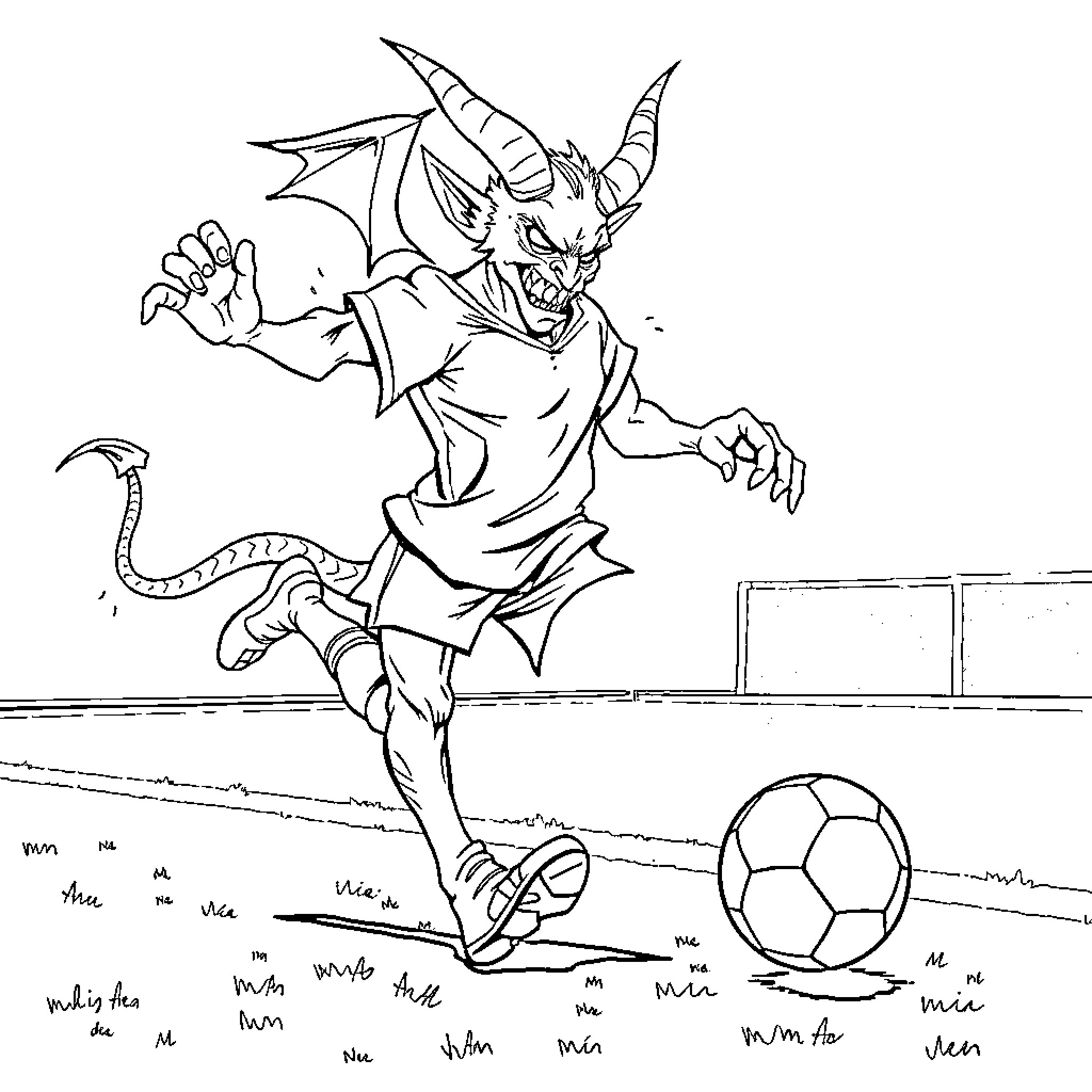Tasmanian Devil playing soccer on the field Coloring Page (free black-and-white line drawing printable PDF for all, from beginners to advanced learners, including children, teens, adults, and seniors)
