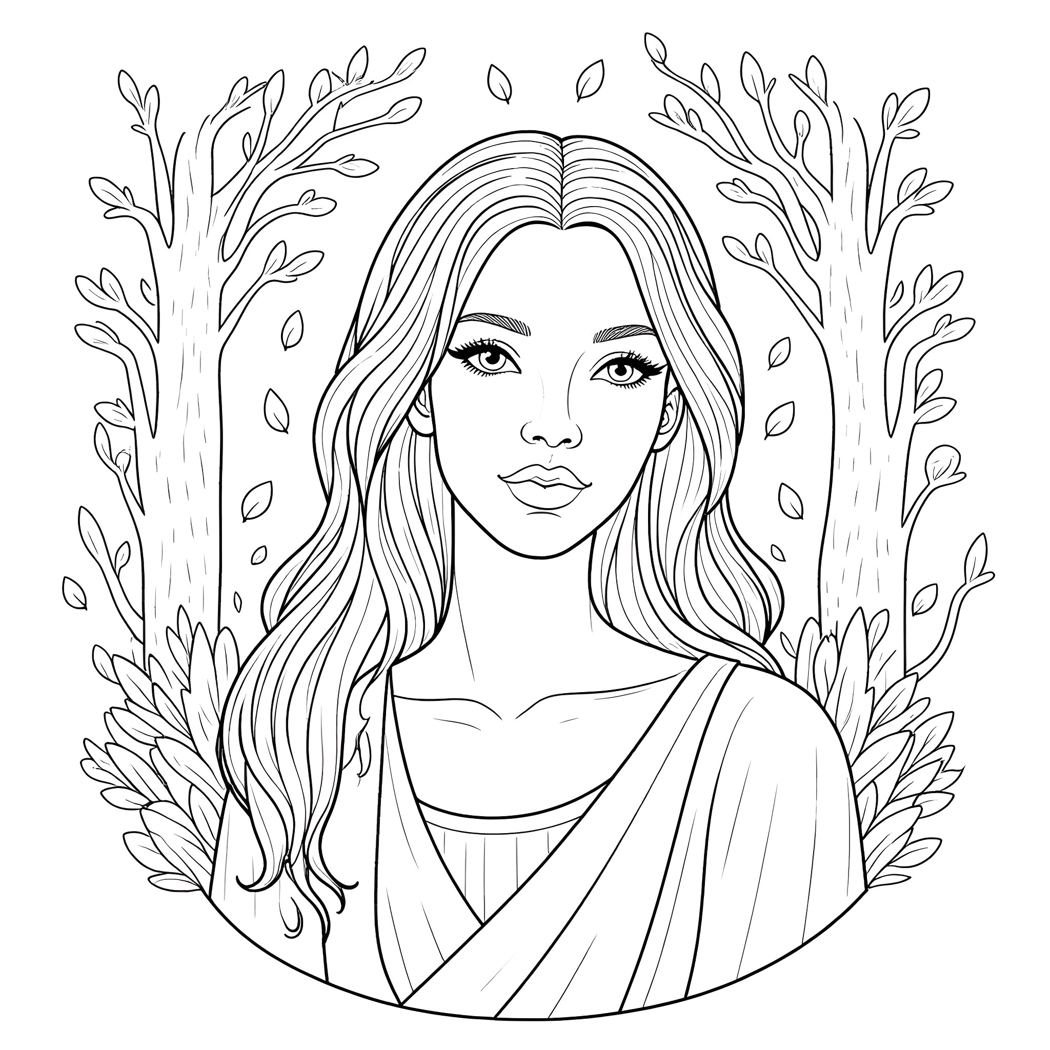 Goddess in a tranquil forest setting Coloring Page (free black-and-white line drawing printable PDF for all, from beginners to advanced learners, including children, teens, adults, and seniors)