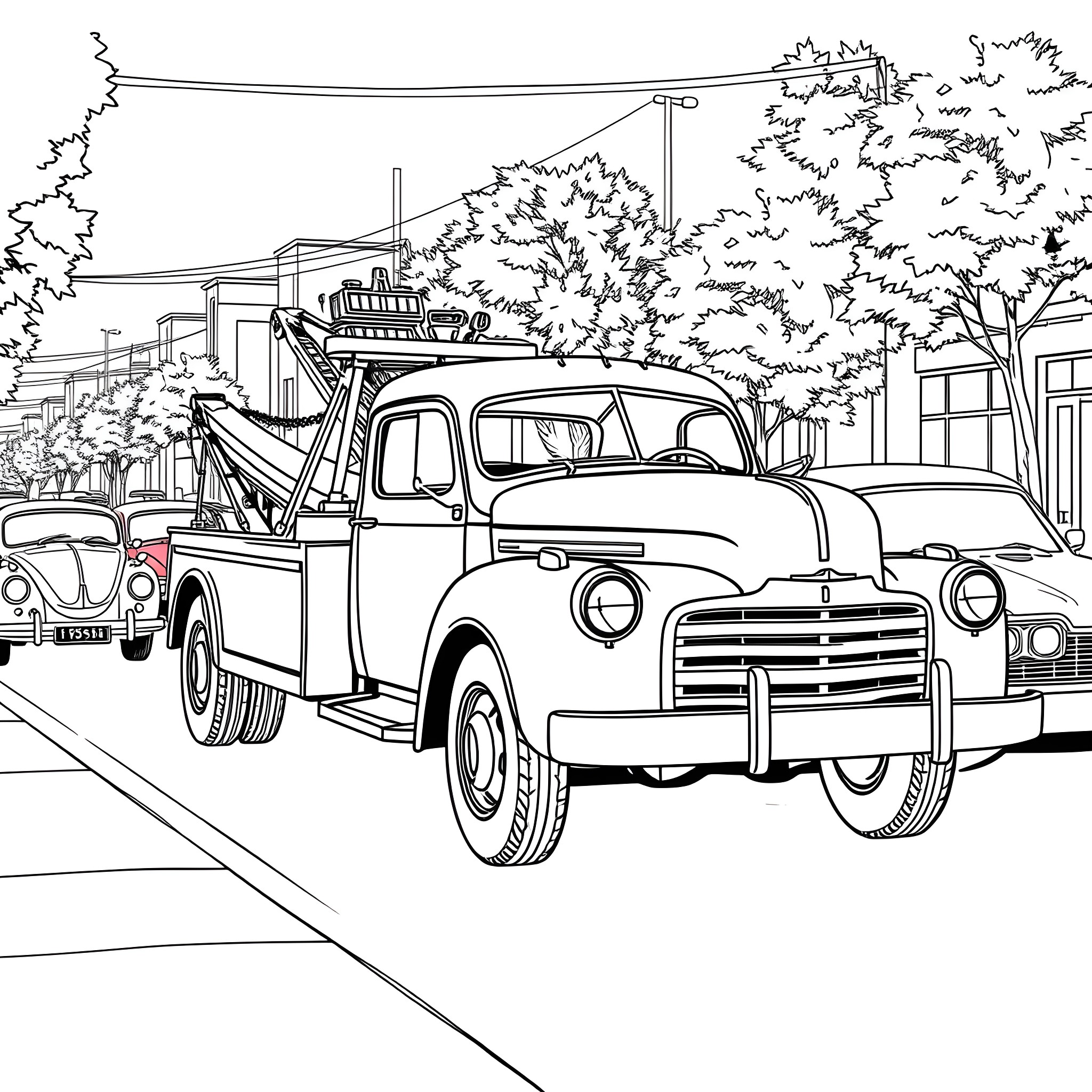 Tow Truck Assisting a Vintage Car on the Street Coloring Page (free black-and-white line drawing printable PDF for all, from beginners to advanced learners, including children, teens, adults, and seniors)