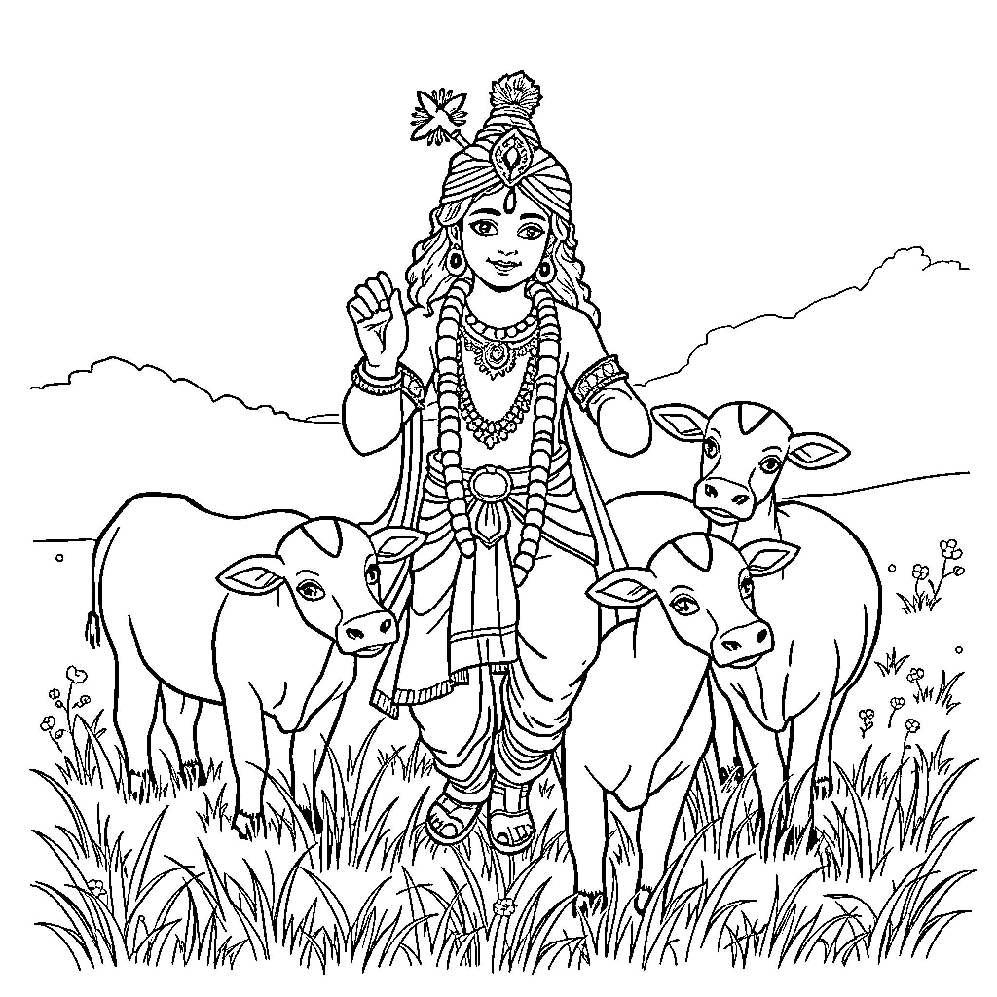 Krishna herding cows in a pastoral scene Coloring Page (free black-and-white line drawing printable PDF for all, from beginners to advanced learners, including children, teens, adults, and seniors)
