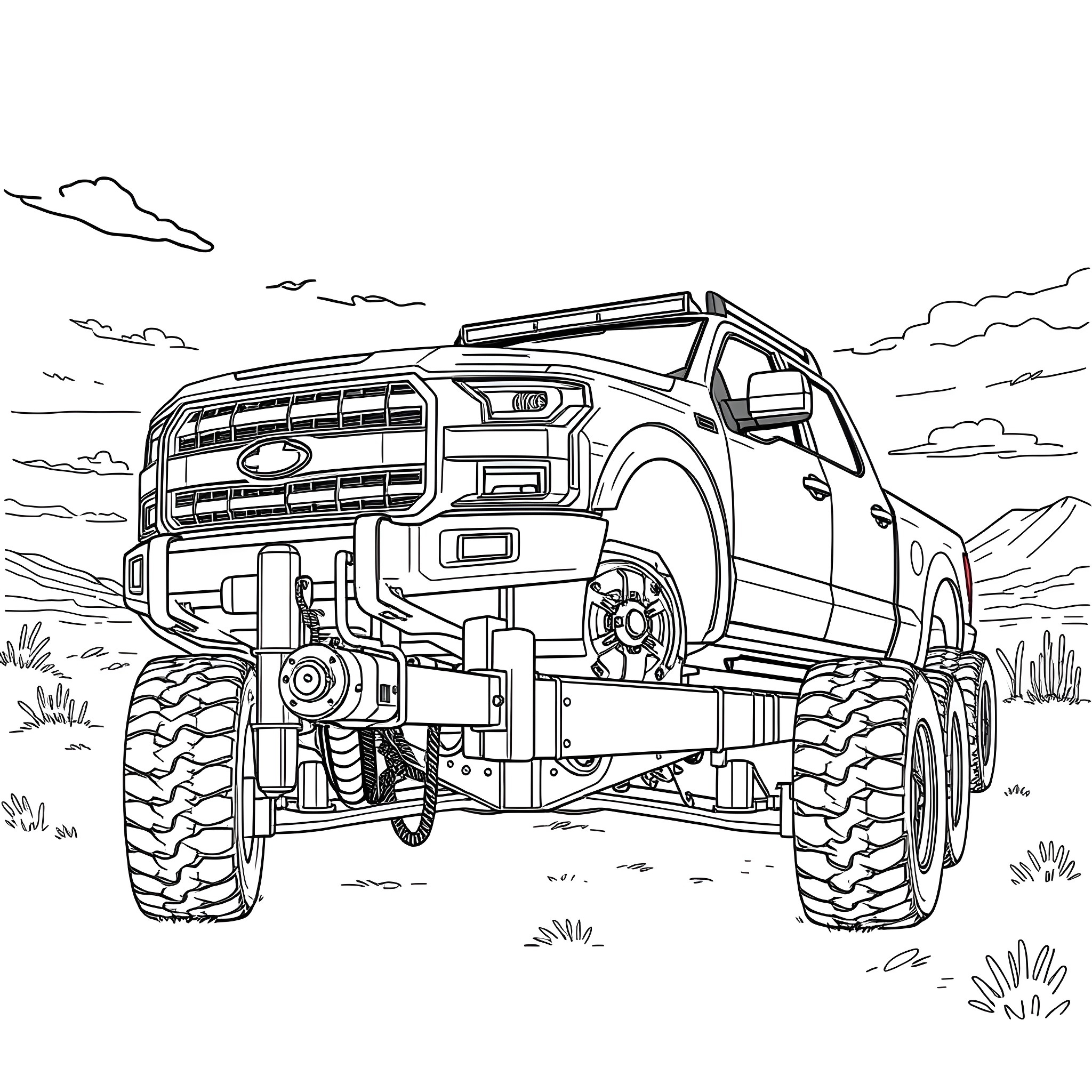 Car Trailer Transporting Rugged Offroad Vehicle Coloring Page (free black-and-white line drawing printable PDF for all, from beginners to advanced learners, including children, teens, adults, and seniors)
