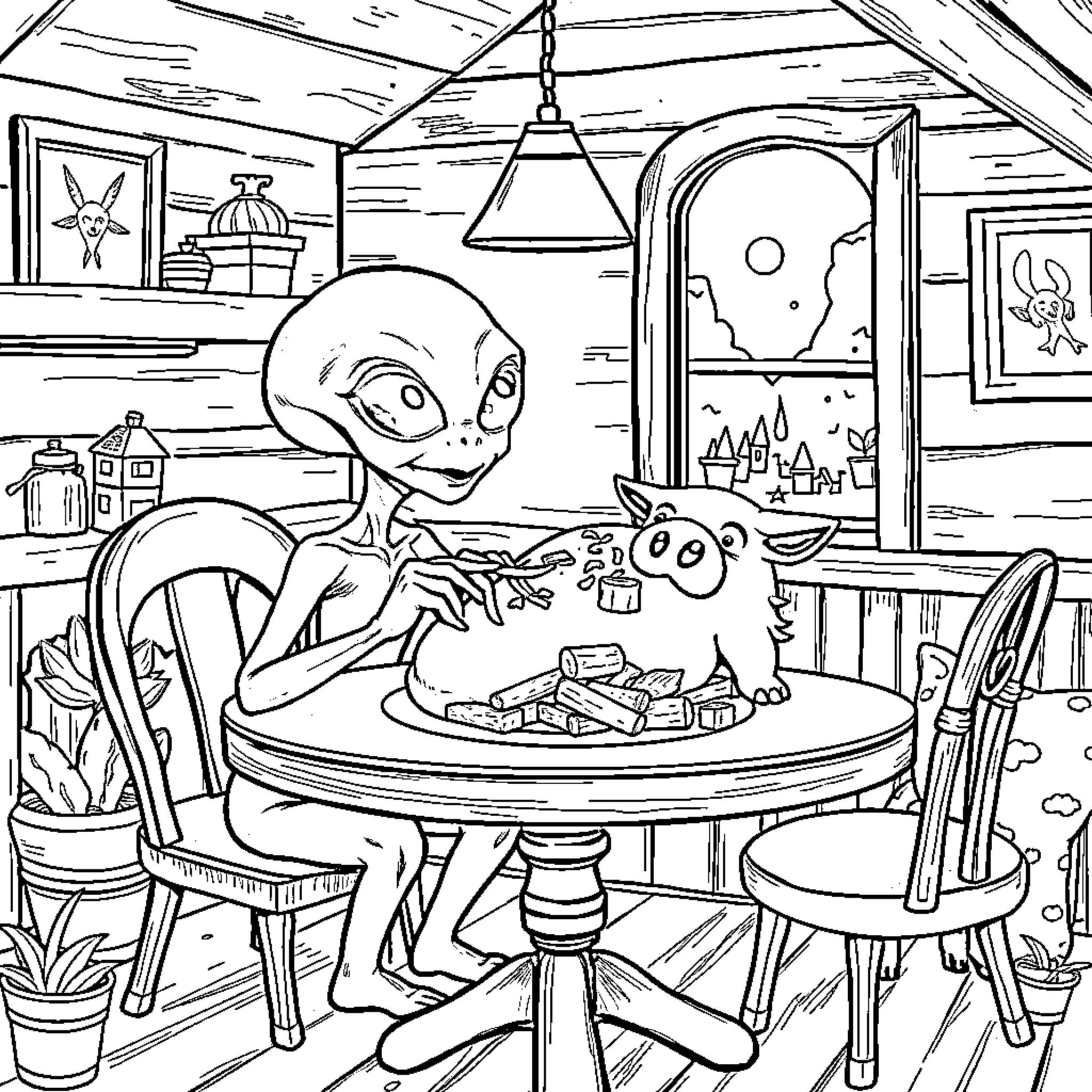 Alien Enjoys a Cozy Meal in Unique Abode Coloring Page (free black-and-white line drawing printable PDF for all, from beginners to advanced learners, including children, teens, adults, and seniors)