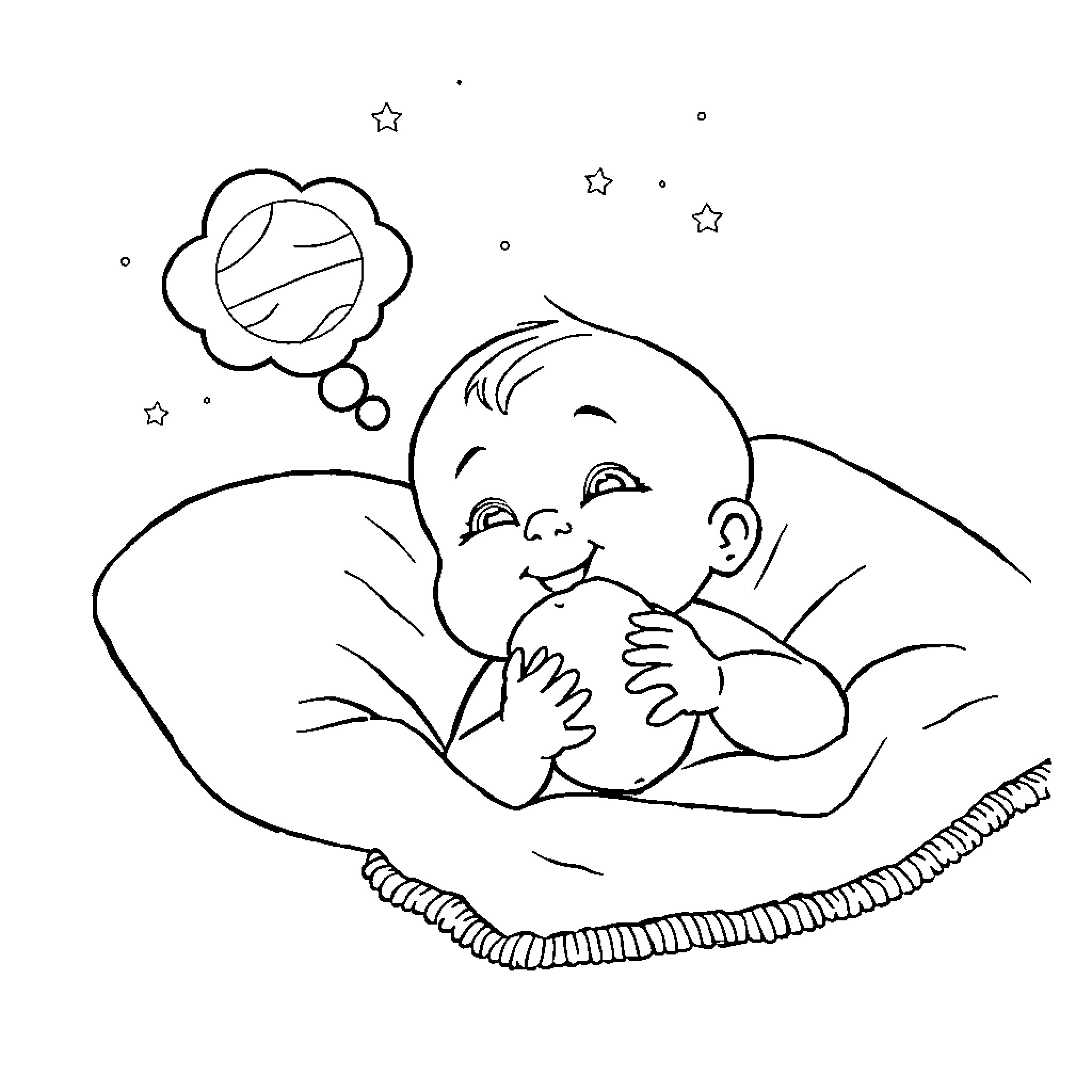 Baby peacefully dreaming under the stars Coloring Page (free black-and-white line drawing printable PDF for all, from beginners to advanced learners, including children, teens, adults, and seniors)