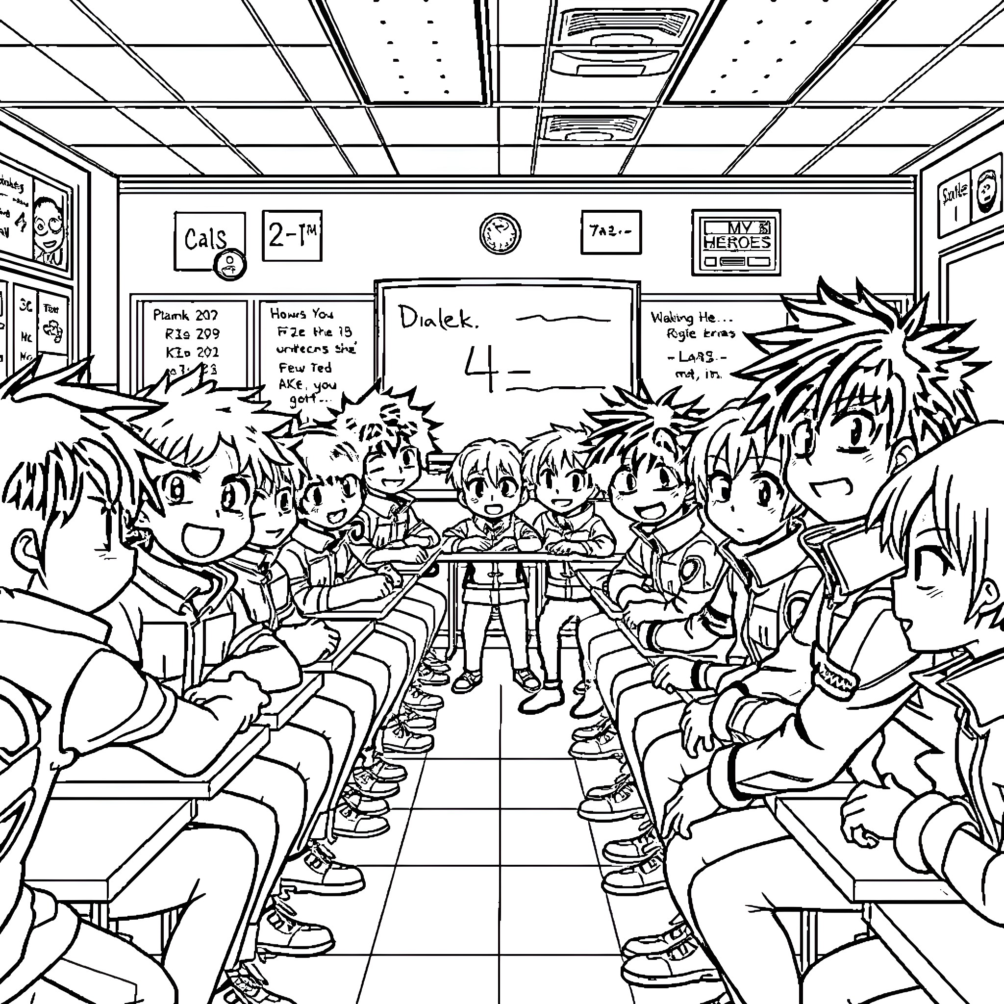 My Hero Academia: Students in the Classroom Coloring Page (free black-and-white line drawing printable PDF for all, from beginners to advanced learners, including children, teens, adults, and seniors)