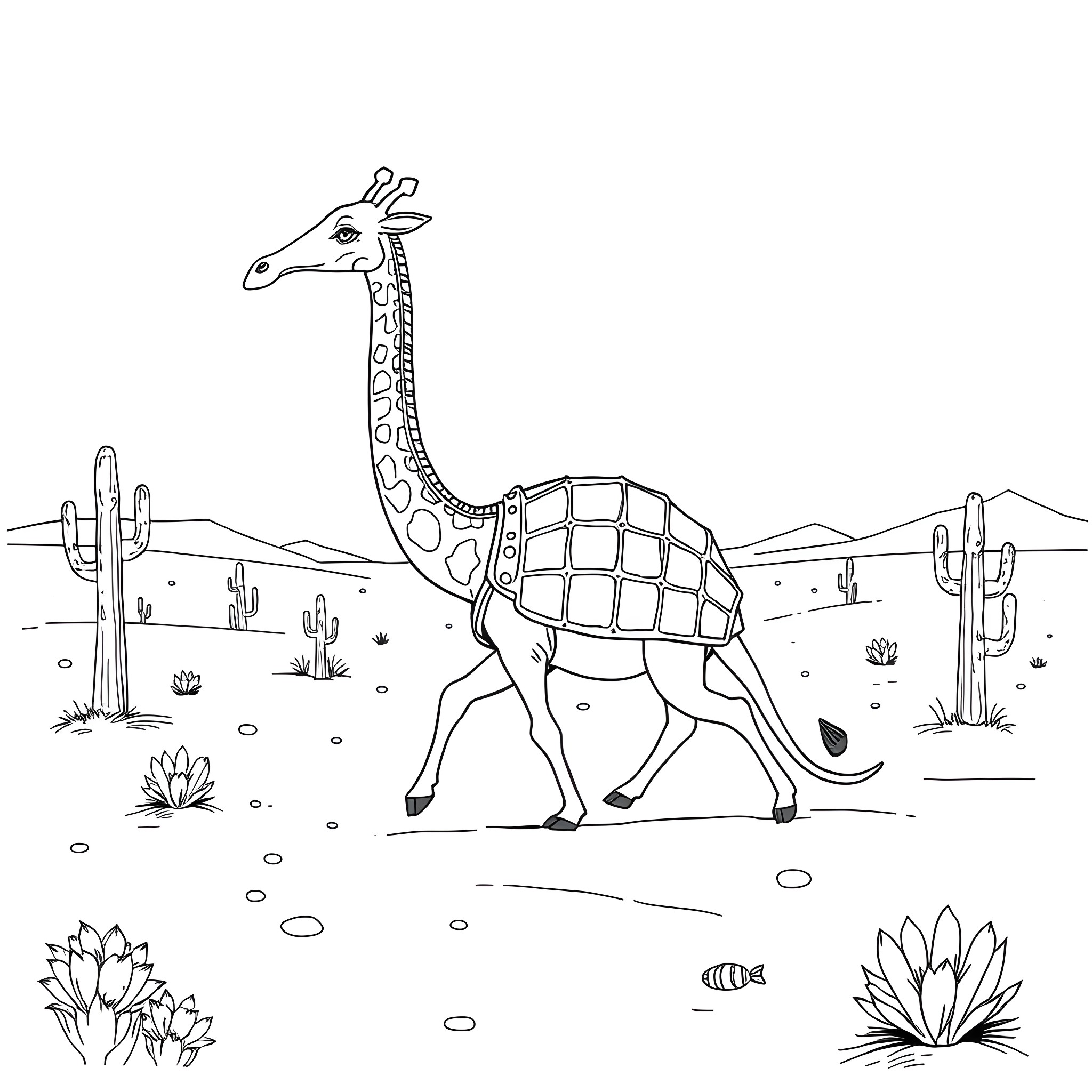 Animal in a desert landscape Coloring Page (free black-and-white line drawing printable PDF for all, from beginners to advanced learners, including children, teens, adults, and seniors)