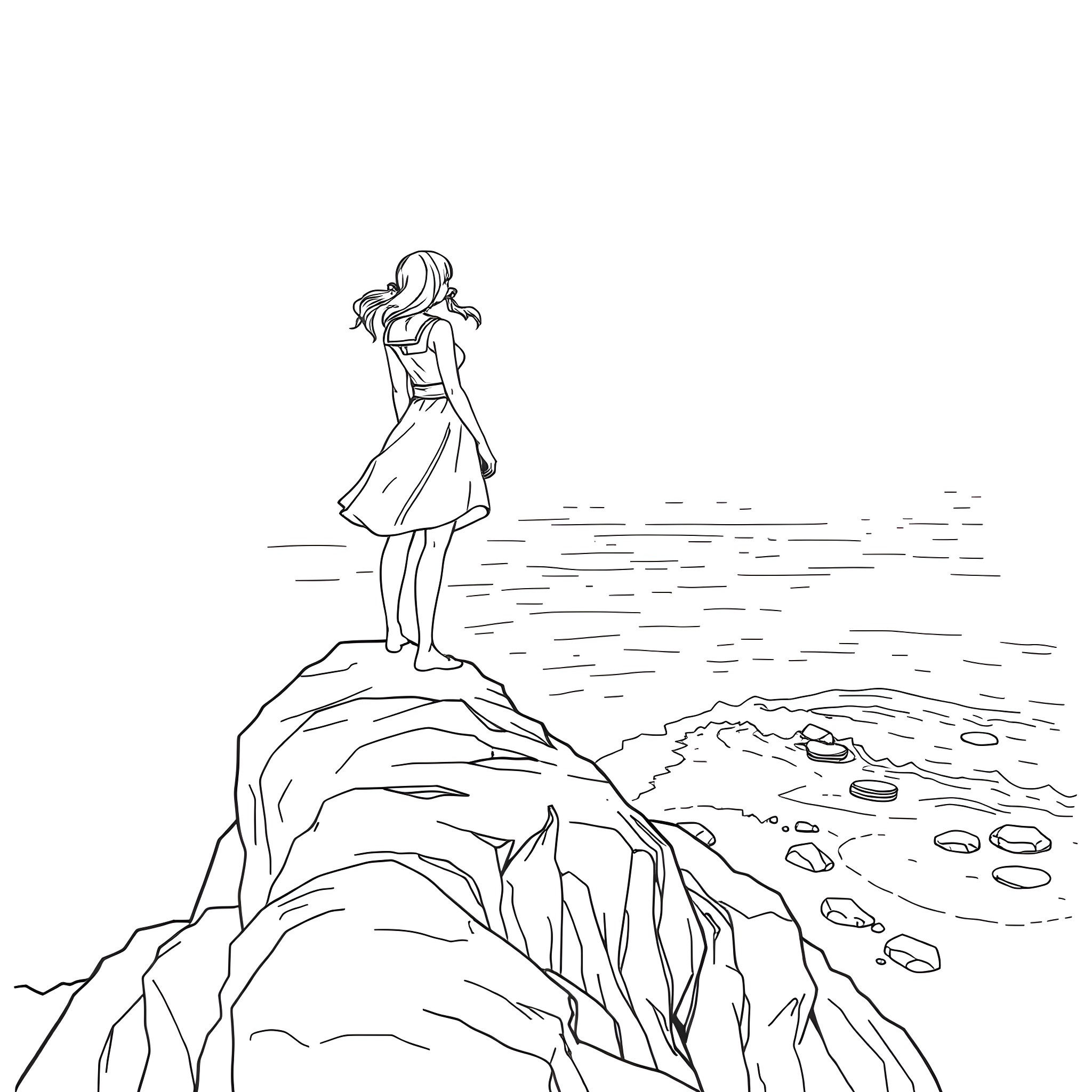 Karomi gazing at the serene ocean from a rocky cliff Coloring Page (free black-and-white line drawing printable PDF for all, from beginners to advanced learners, including children, teens, adults, and seniors)