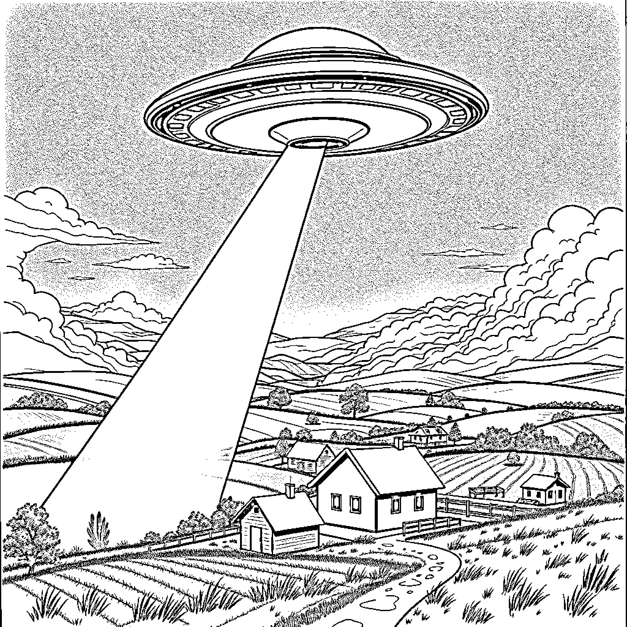 UFO hovers over rural landscape Coloring Page (free black-and-white line drawing printable PDF for all, from beginners to advanced learners, including children, teens, adults, and seniors)