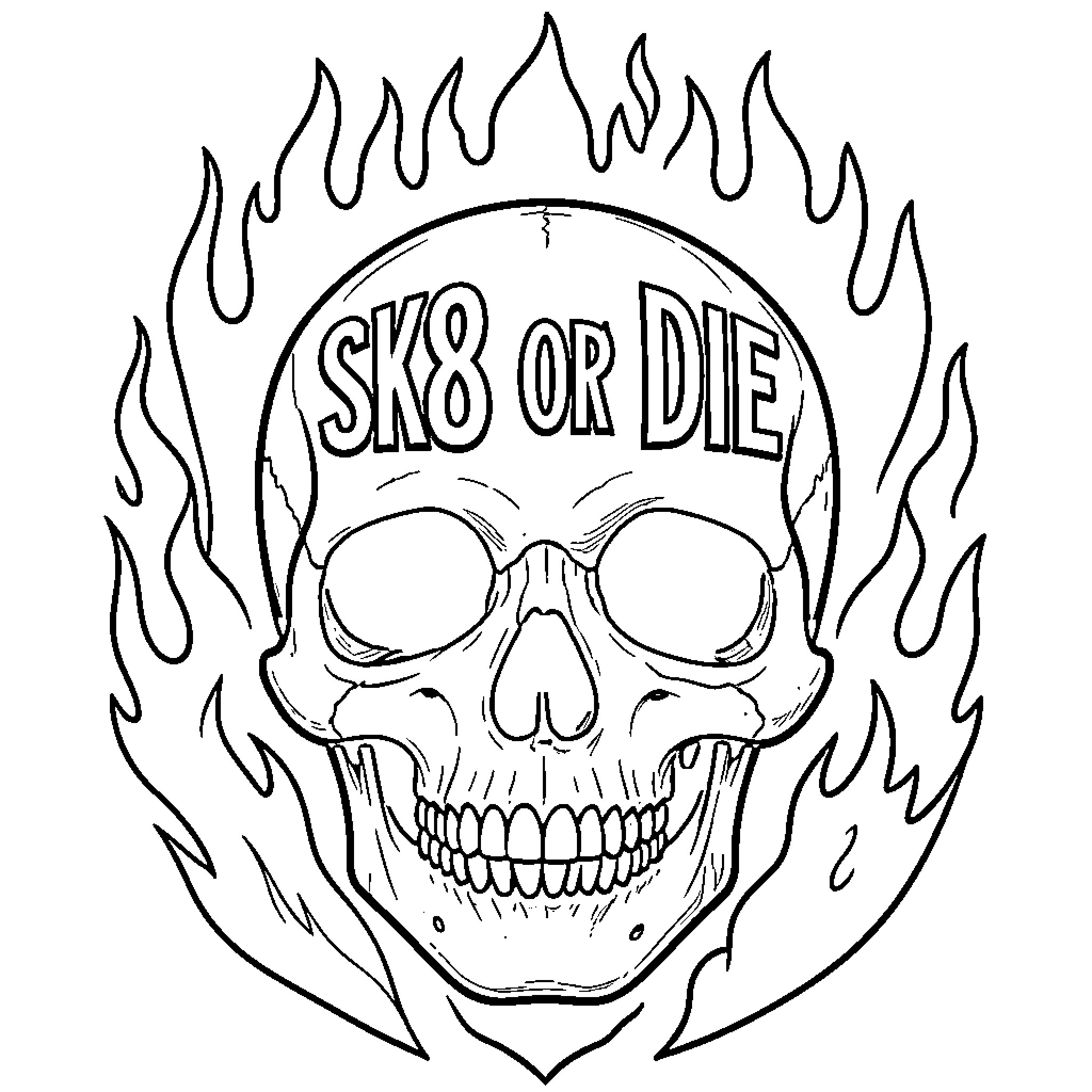 Skull surrounded by flames with skating text Coloring Page (free black-and-white line drawing printable PDF for all, from beginners to advanced learners, including children, teens, adults, and seniors)