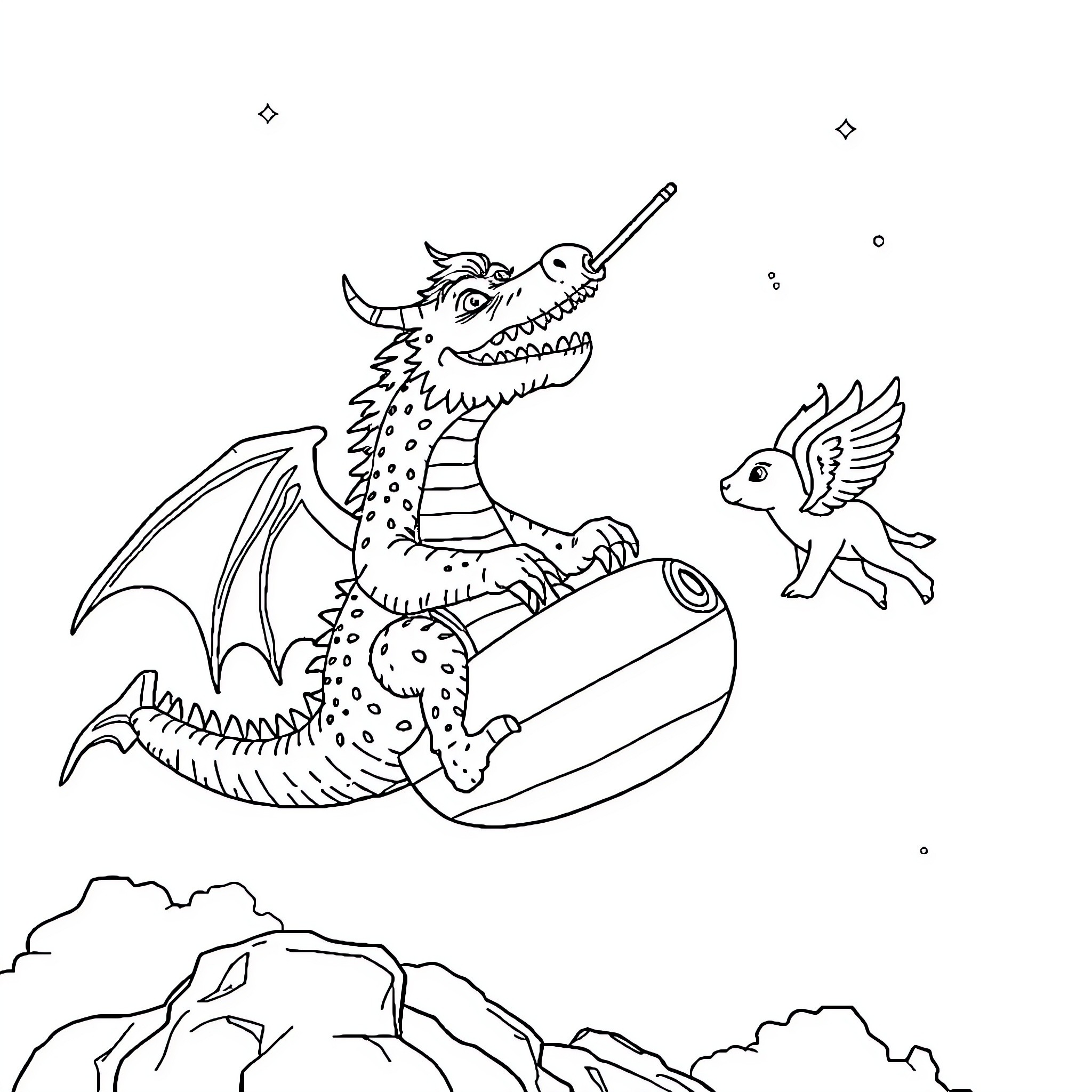 Monster dragon riding a hot air balloon with a winged creature Coloring Page (free black-and-white line drawing printable PDF for all, from beginners to advanced learners, including children, teens, adults, and seniors)