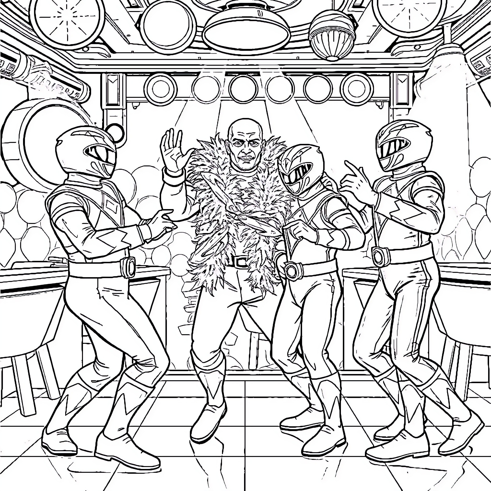 Power Rangers in Action-Packed Showdown Coloring Page (free black-and-white line drawing printable PDF for all, from beginners to advanced learners, including children, teens, adults, and seniors)