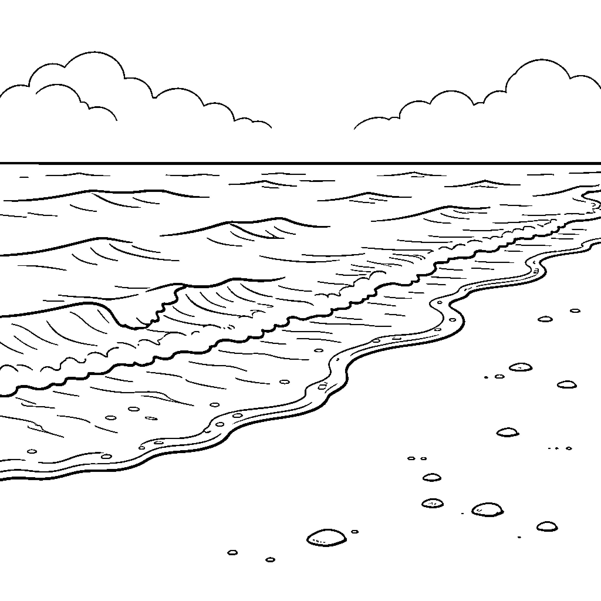 Beach waves washing onto the sandy shore Coloring Page (free black-and-white line drawing printable PDF for all, from beginners to advanced learners, including children, teens, adults, and seniors)