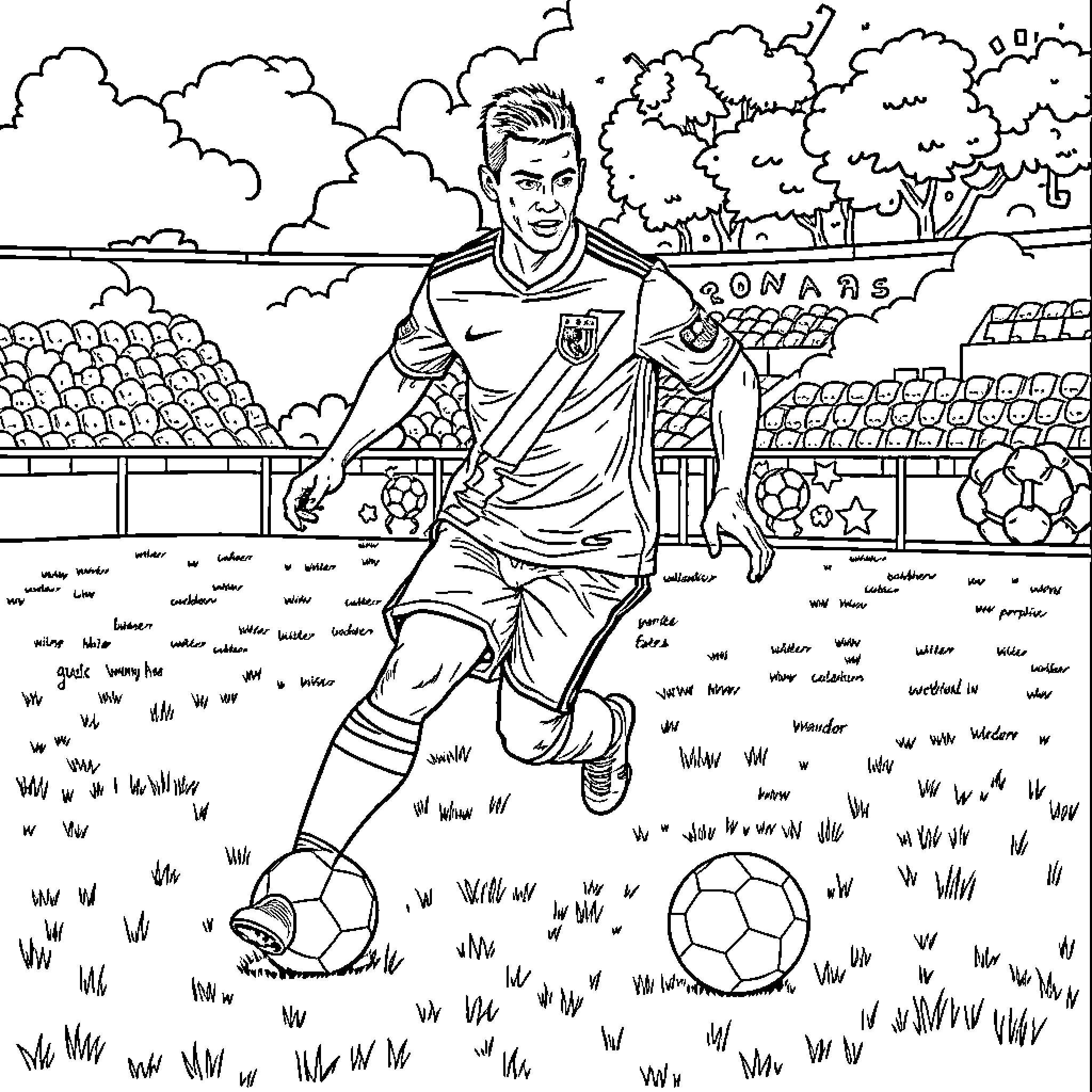 Ronaldo playing soccer on a field with clouds Coloring Page (free black-and-white line drawing printable PDF for all, from beginners to advanced learners, including children, teens, adults, and seniors)