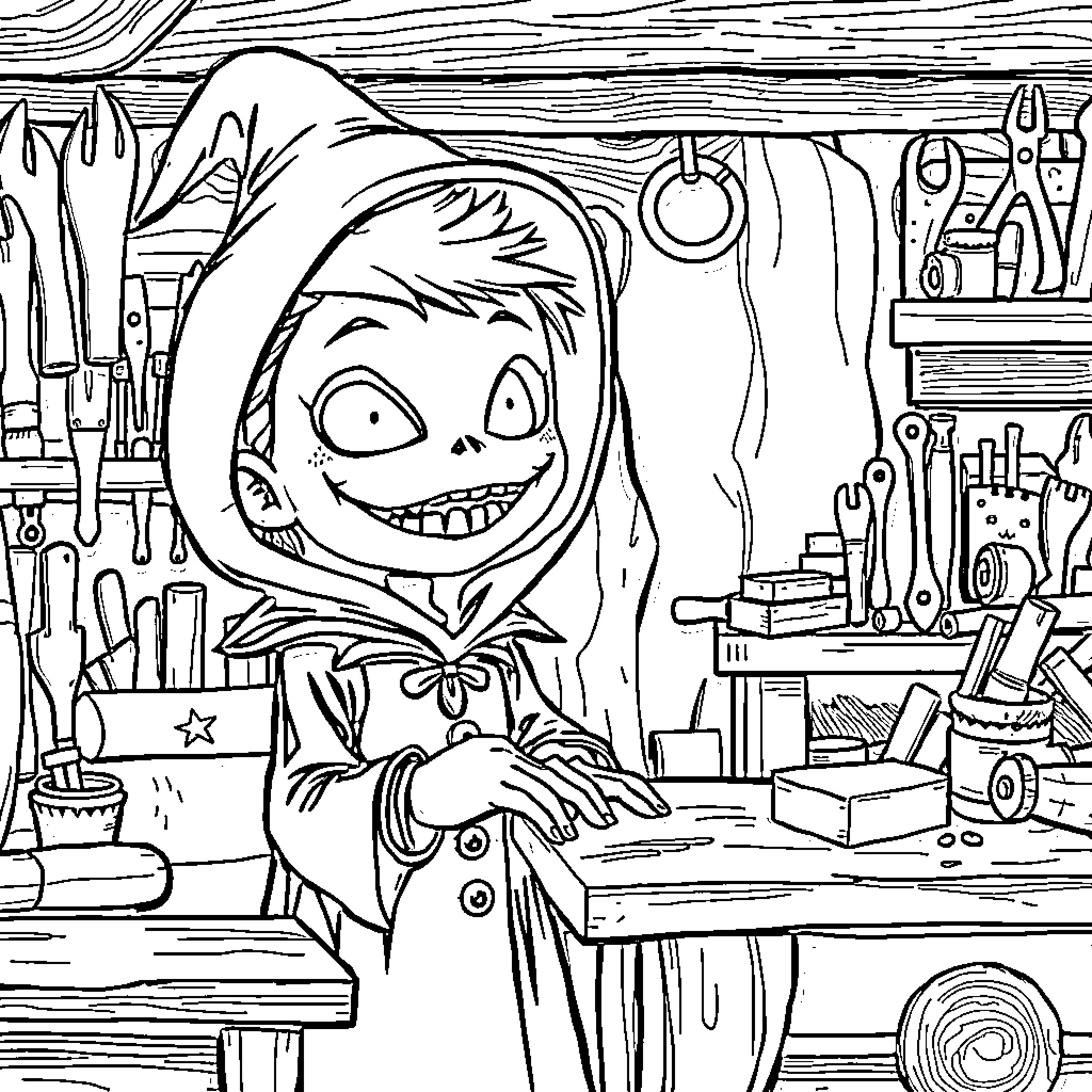 Halloween Character in Spooky Workshop Surrounded by Tools Coloring Page (free black-and-white line drawing printable PDF for all, from beginners to advanced learners, including children, teens, adults, and seniors)