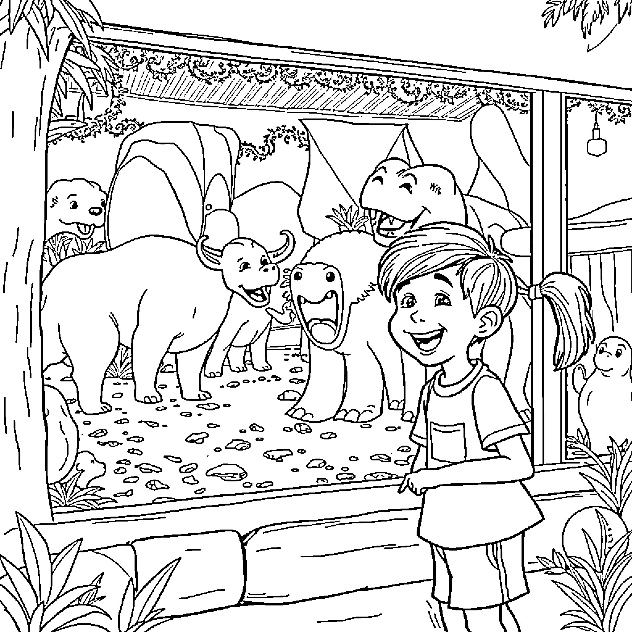 Child interacting with playful animals at the zoo Coloring Page (free black-and-white line drawing printable PDF for all, from beginners to advanced learners, including children, teens, adults, and seniors)