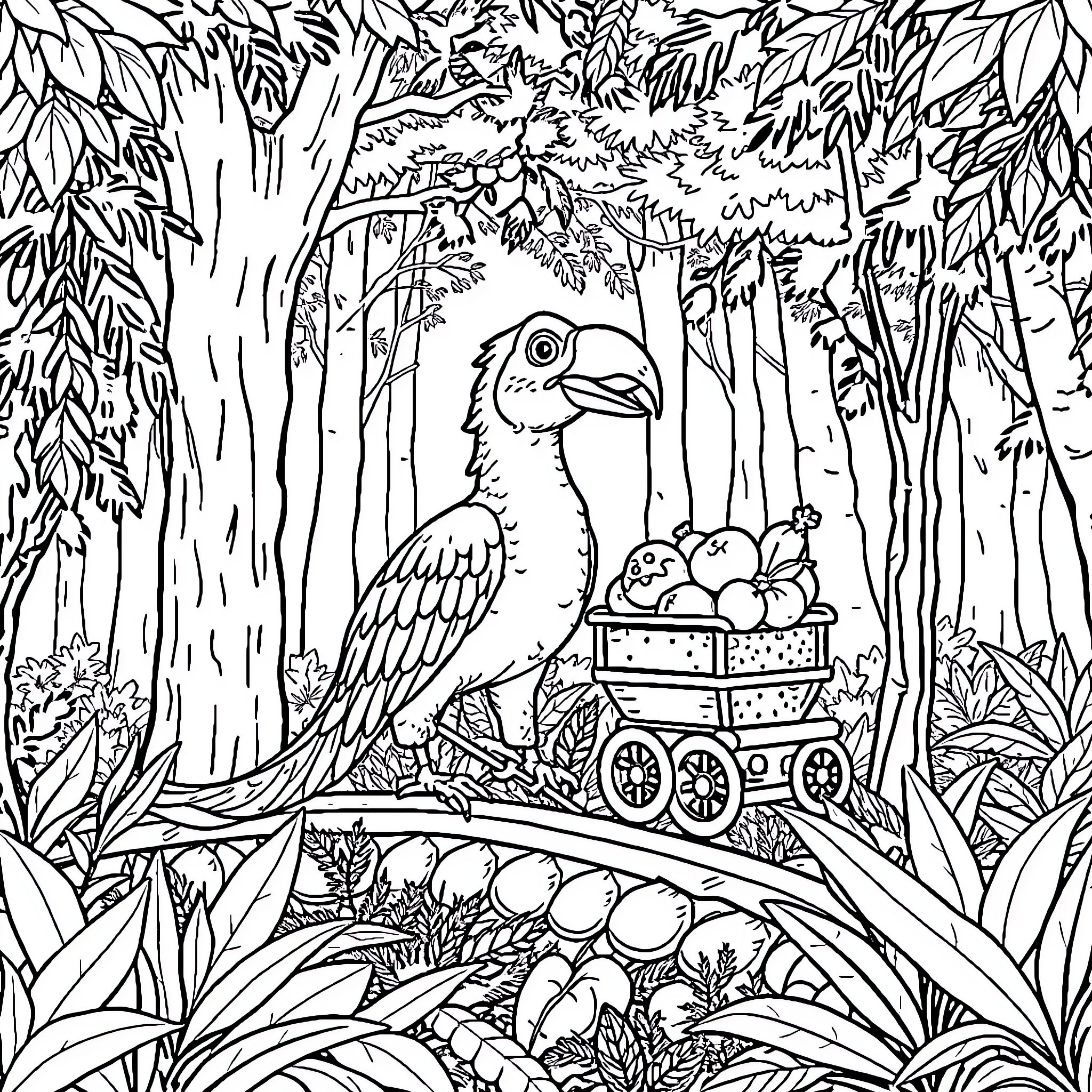Dromadaire bird with a cart of fruits in the jungle Coloring Page (free black-and-white line drawing printable PDF for all, from beginners to advanced learners, including children, teens, adults, and seniors)