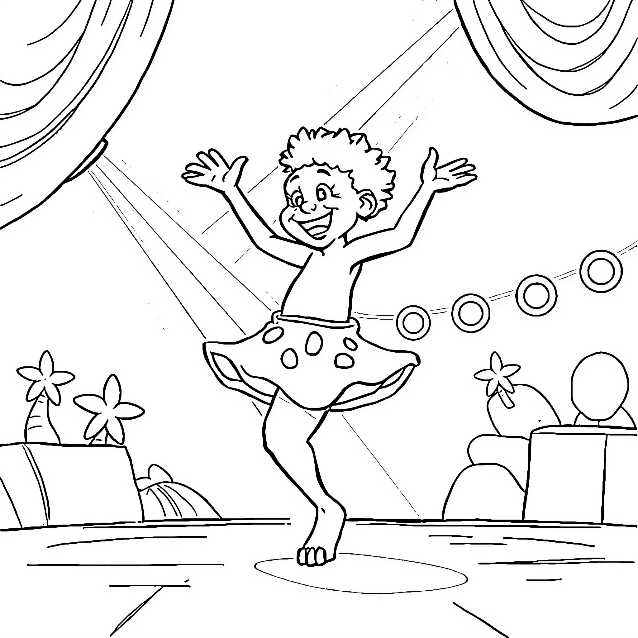 Labubu dancing joyfully on stage Coloring Page (free black-and-white line drawing printable PDF for all, from beginners to advanced learners, including children, teens, adults, and seniors)