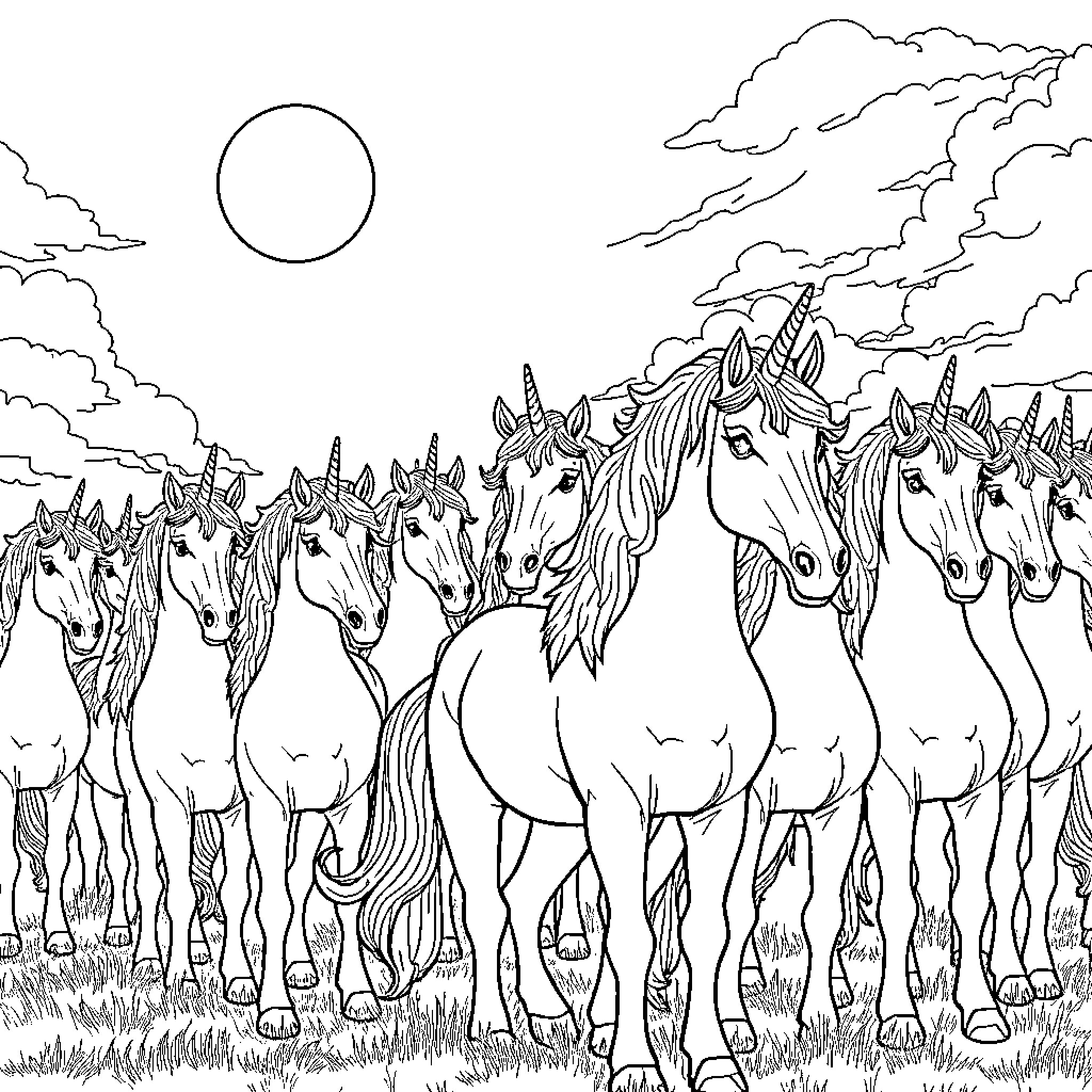 Unicorn herd galloping through a cloudy landscape Coloring Page (free black-and-white line drawing printable PDF for all, from beginners to advanced learners, including children, teens, adults, and seniors)