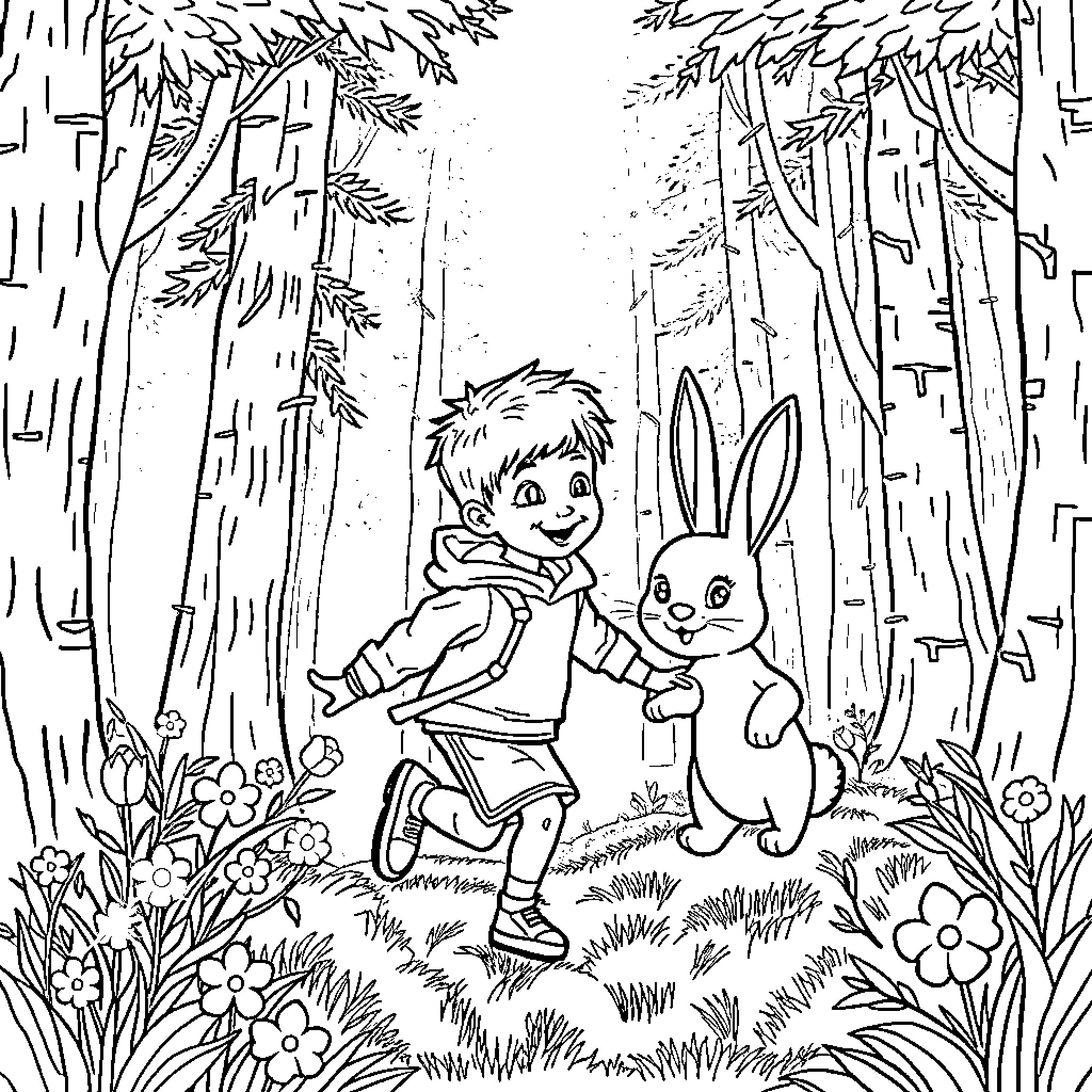 Boy explores forest with friendly rabbit Coloring Page (free black-and-white line drawing printable PDF for all, from beginners to advanced learners, including children, teens, adults, and seniors)