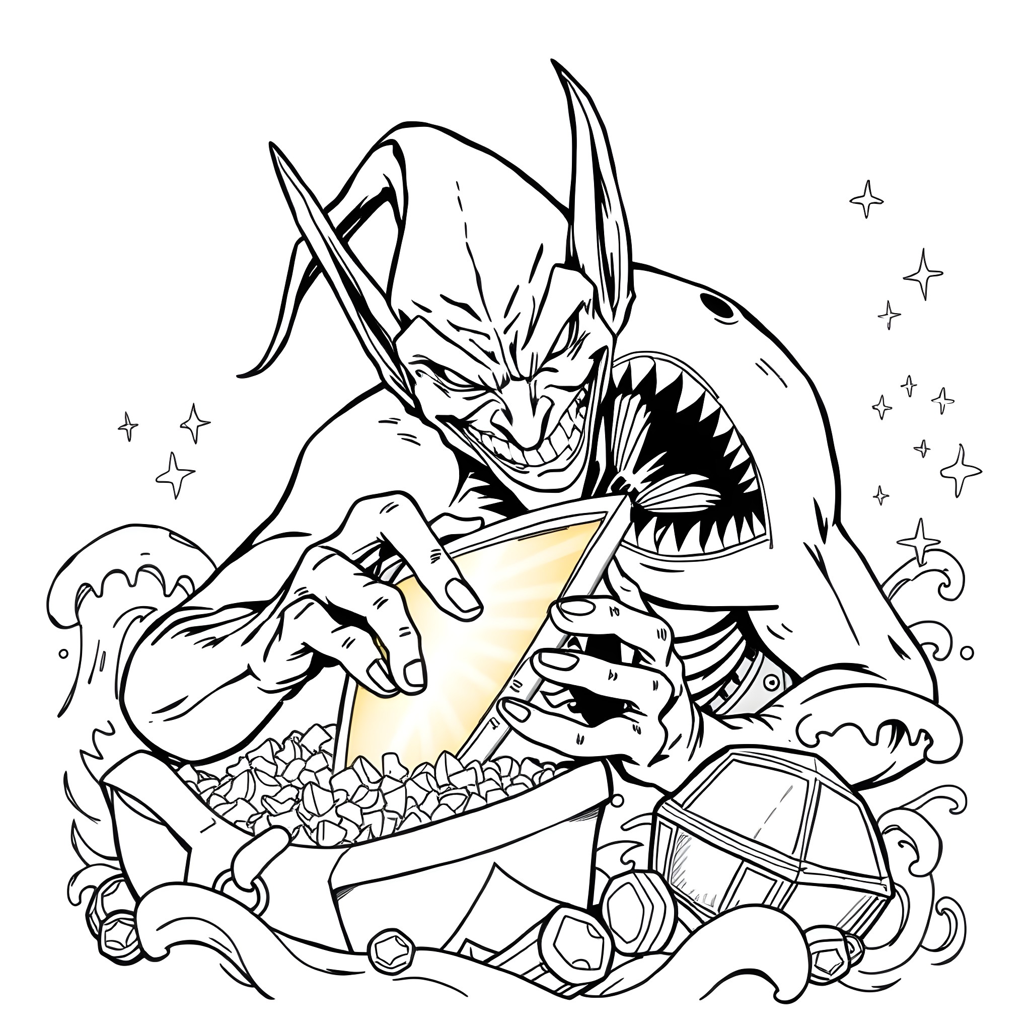 Goblin feasting on treasures in the deep Coloring Page (free black-and-white line drawing printable PDF for all, from beginners to advanced learners, including children, teens, adults, and seniors)