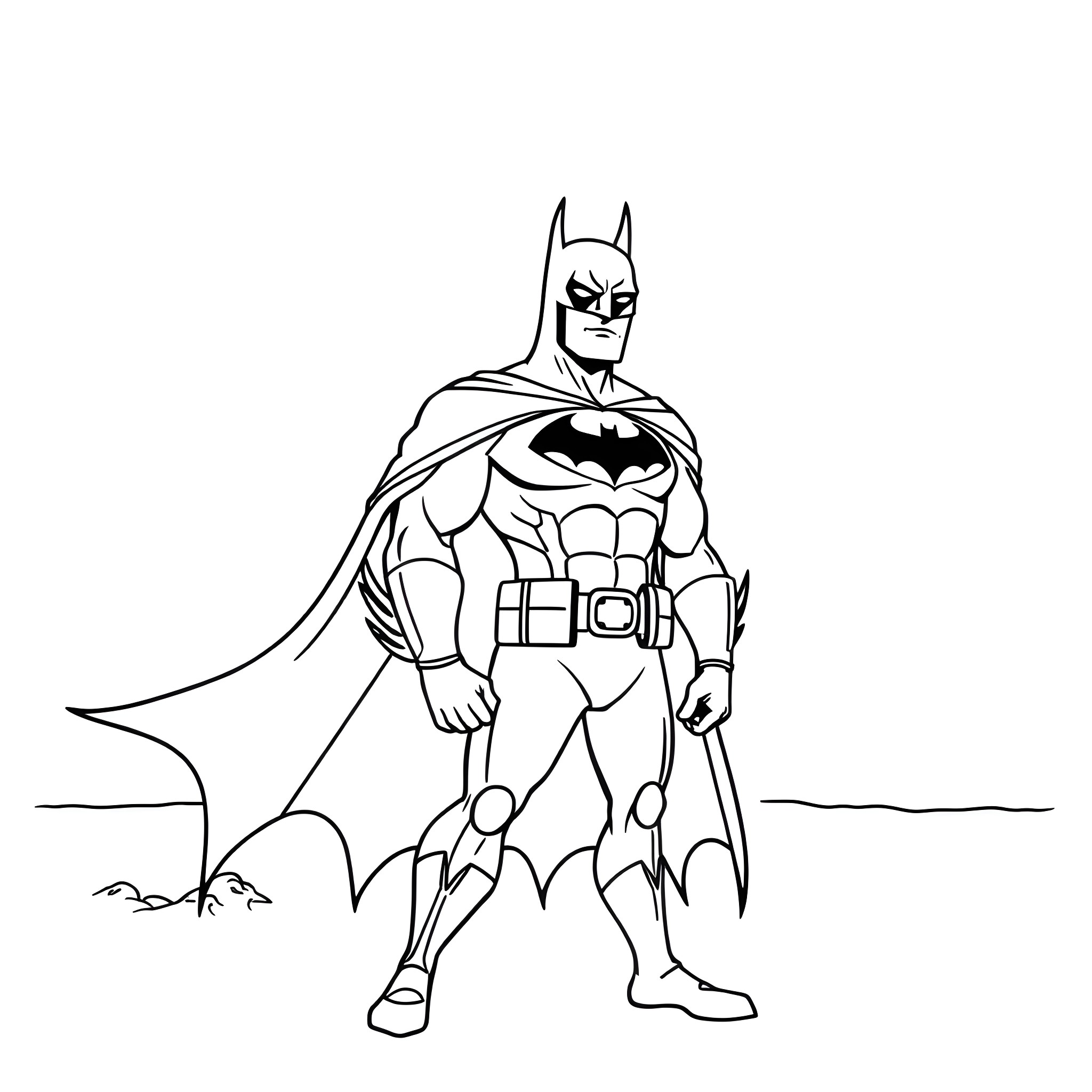 Batman in heroic pose on the scene Coloring Page (free black-and-white line drawing printable PDF for all, from beginners to advanced learners, including children, teens, adults, and seniors)