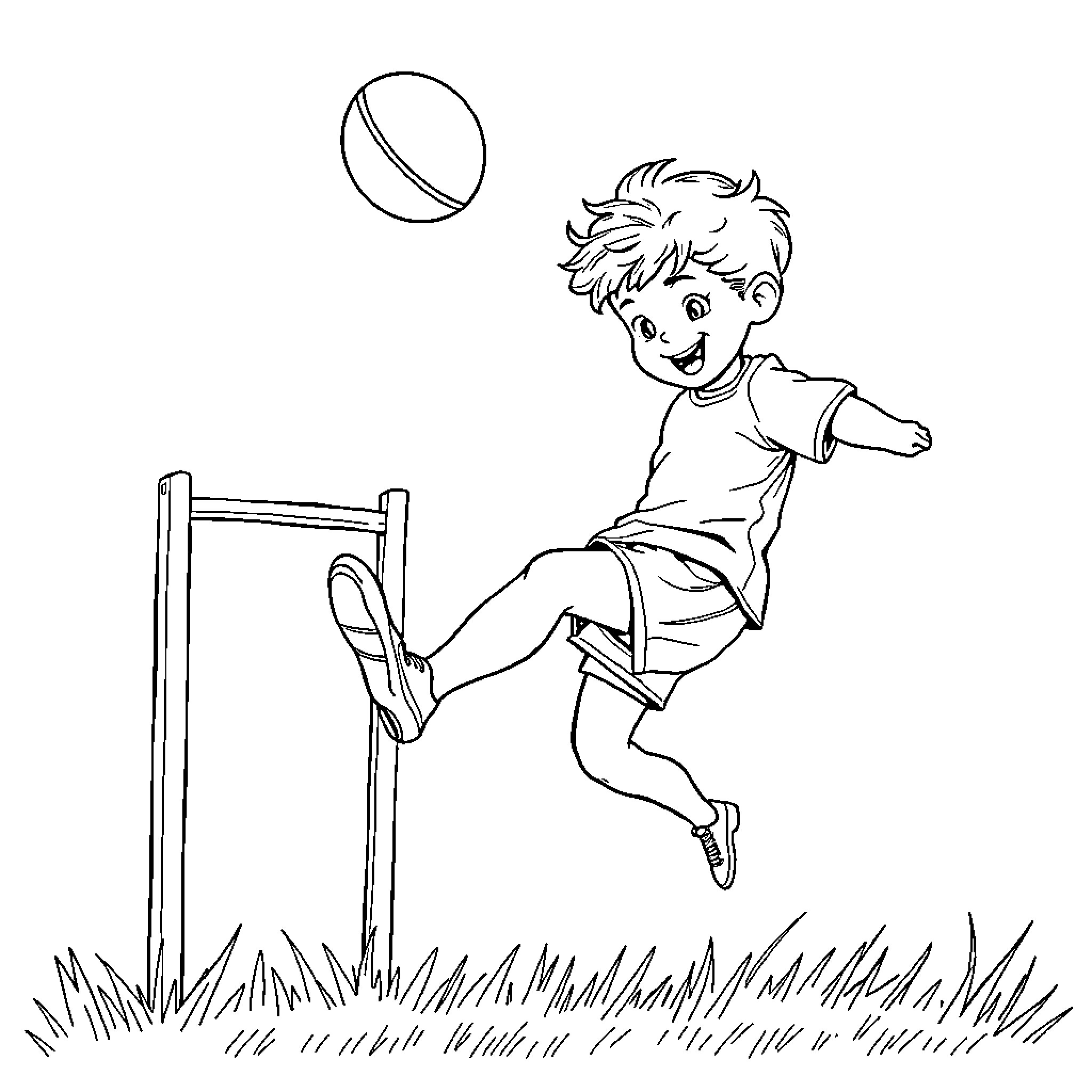 Boy playing joyfully with a ball outdoors Coloring Page (free black-and-white line drawing printable PDF for all, from beginners to advanced learners, including children, teens, adults, and seniors)