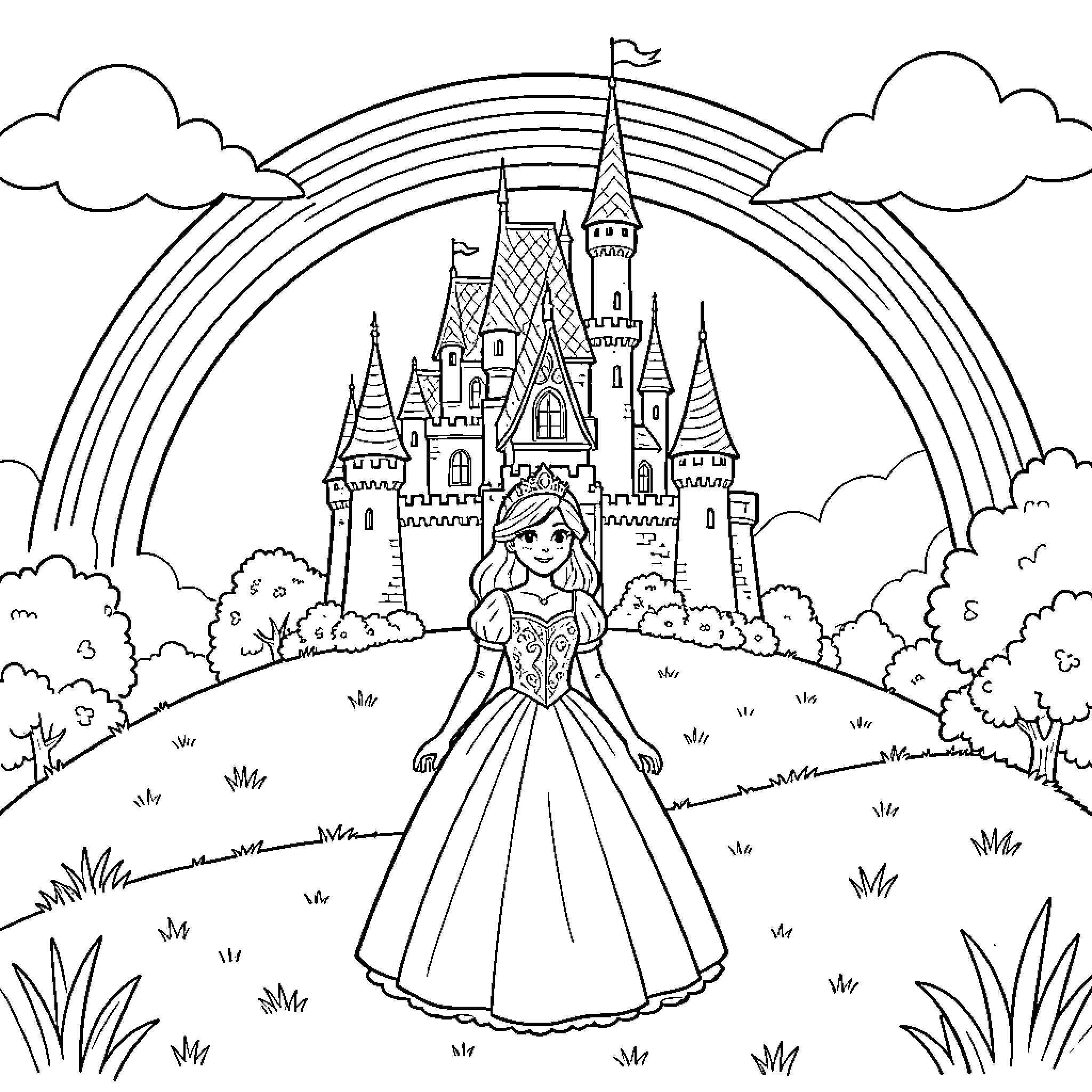 Princess standing in gown before a rainbow and castle on a hill Coloring Page (free black-and-white line drawing printable PDF for all, from beginners to advanced learners, including children, teens, adults, and seniors)