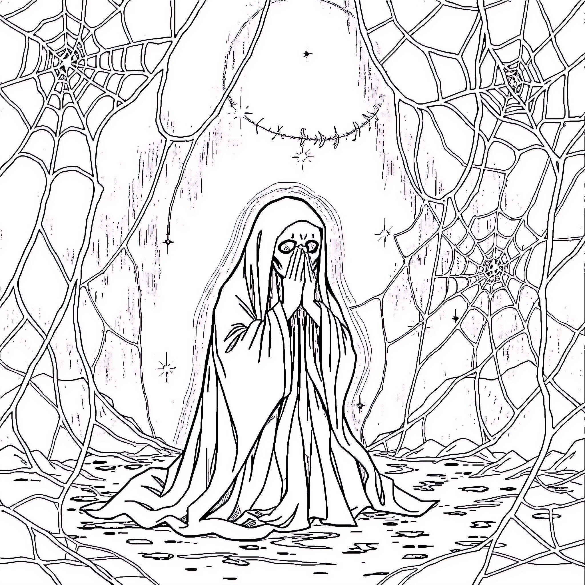 Ghost figure in haunting lair with spider webs Coloring Page (free black-and-white line drawing printable PDF for all, from beginners to advanced learners, including children, teens, adults, and seniors)