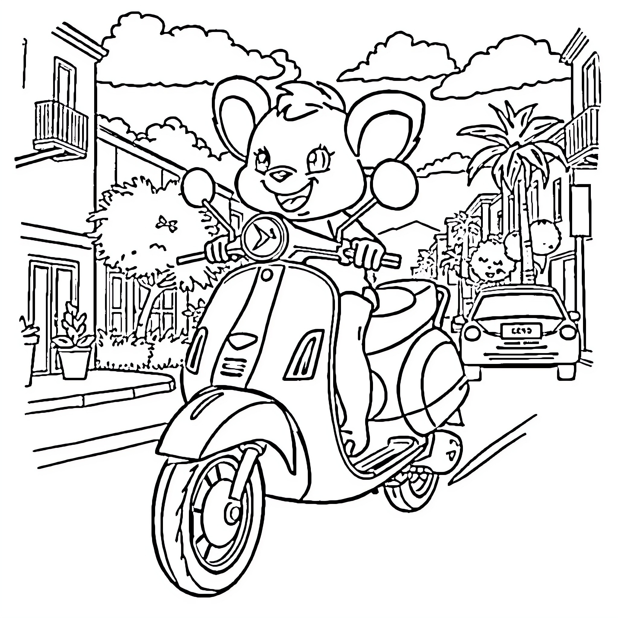 Labubu riding a scooter in a vibrant city scene Coloring Page (free black-and-white line drawing printable PDF for all, from beginners to advanced learners, including children, teens, adults, and seniors)