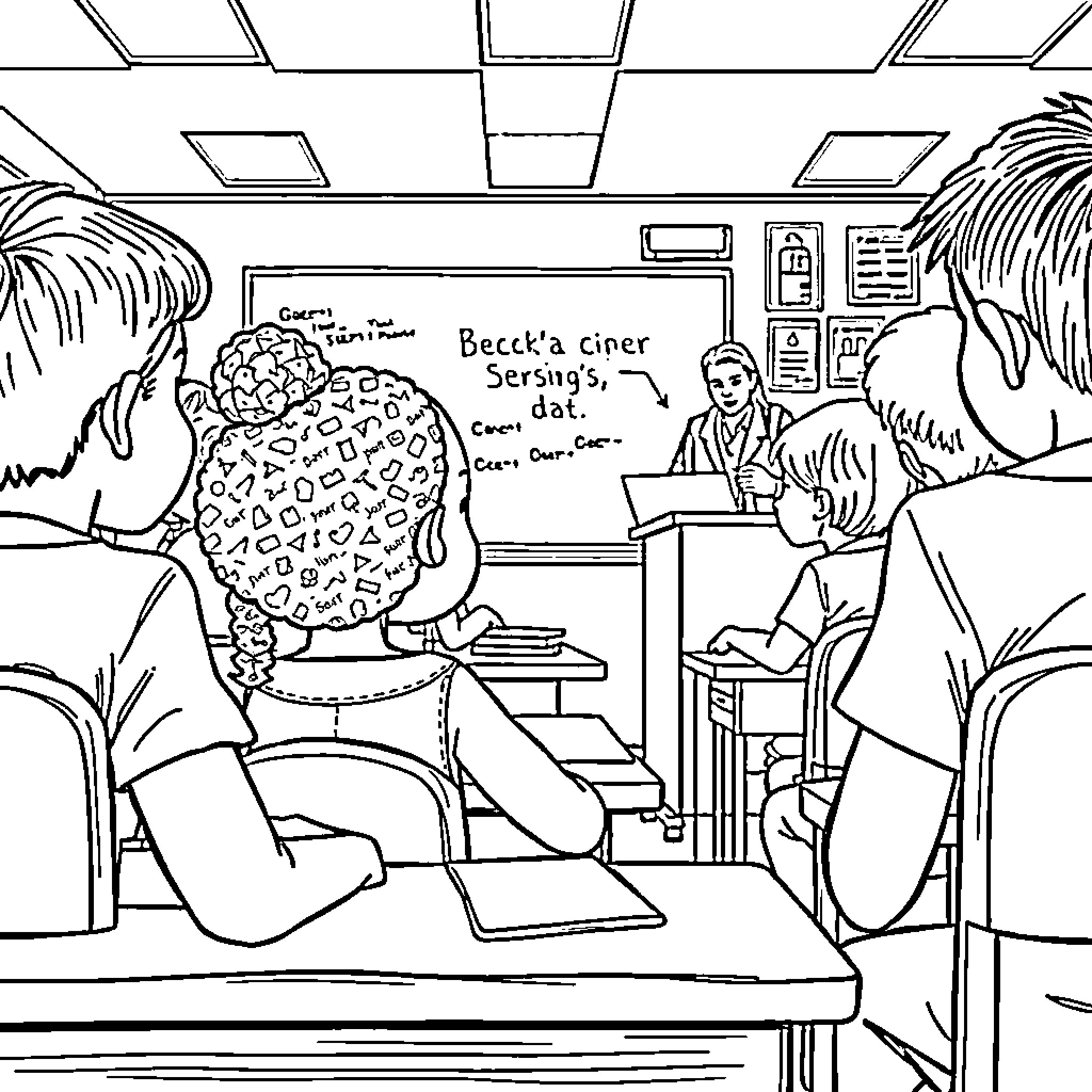 Girl doodling in classroom during lecture Coloring Page (free black-and-white line drawing printable PDF for all, from beginners to advanced learners, including children, teens, adults, and seniors)