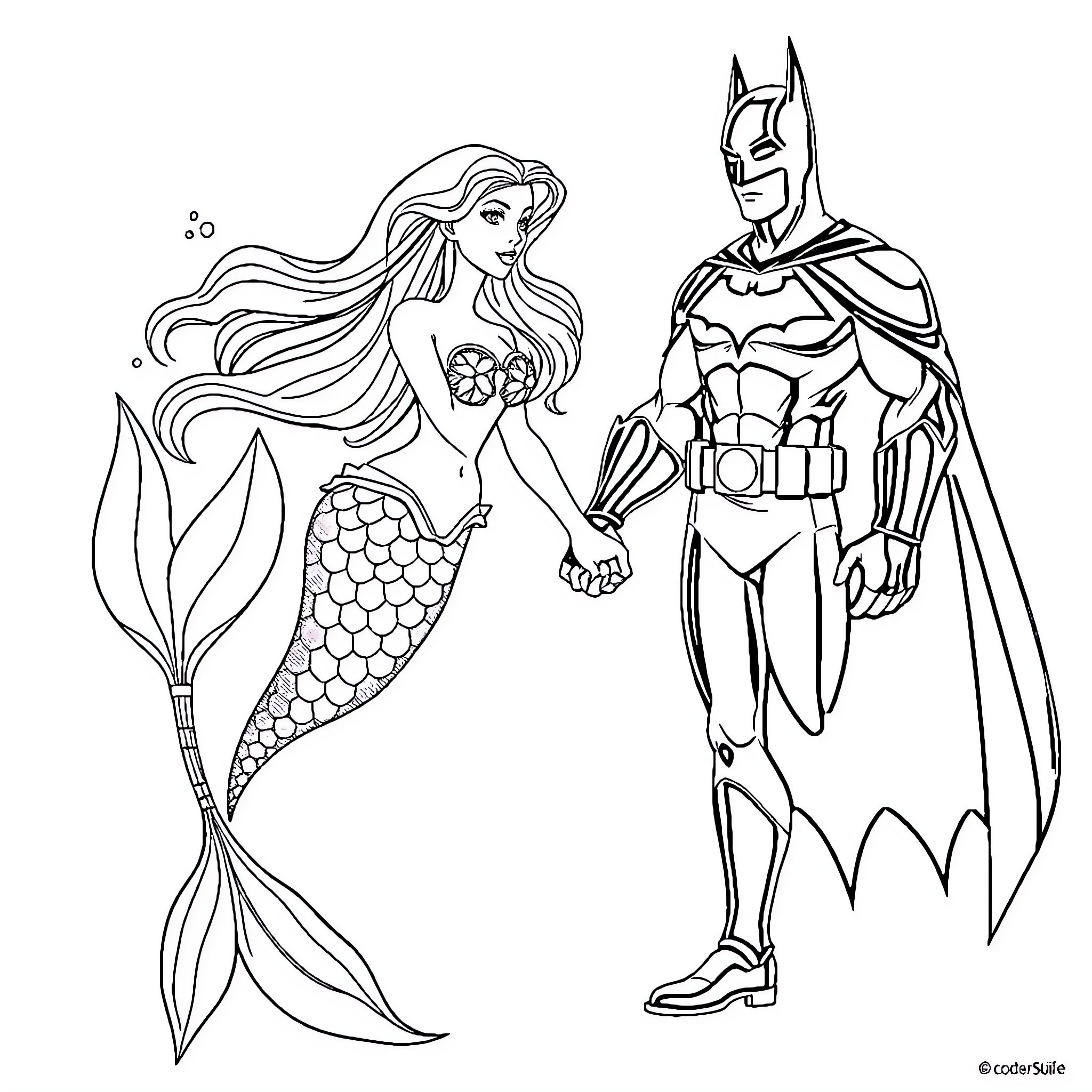 Mermaid and Superhero Collaboration Coloring Page (free black-and-white line drawing printable PDF for all, from beginners to advanced learners, including children, teens, adults, and seniors)