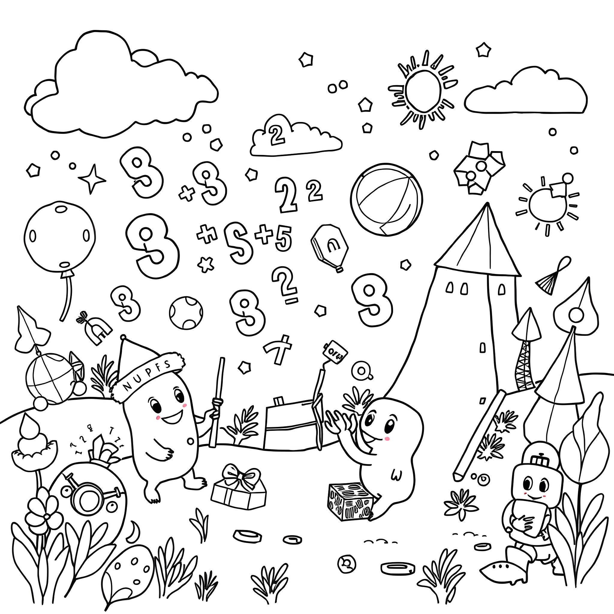 Numbot's Playful Adventure in the Whimsical Landscape Coloring Page (free black-and-white line drawing printable PDF for all, from beginners to advanced learners, including children, teens, adults, and seniors)